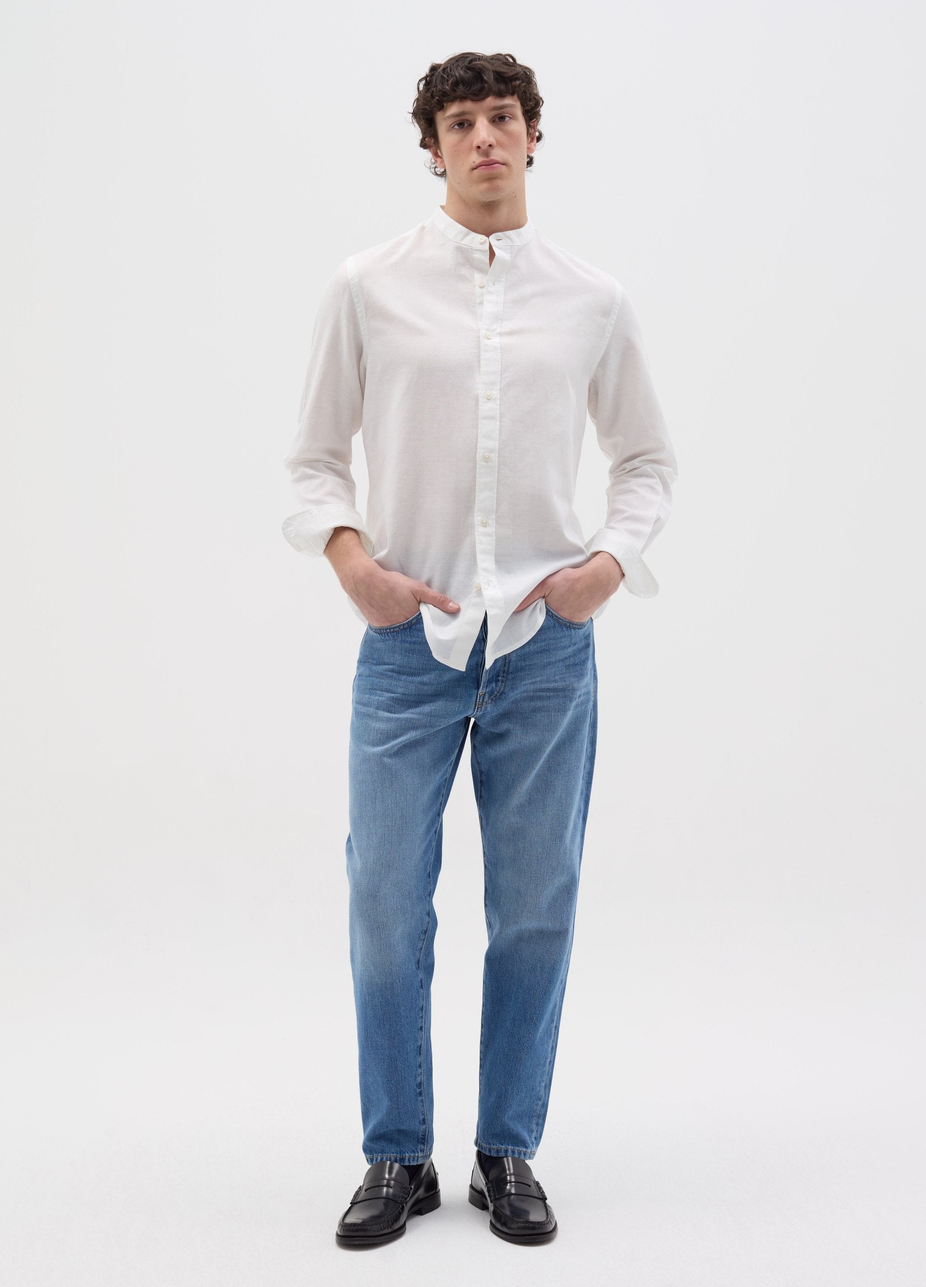 Camicia In Cotone E Lino Collo Alla Coreana