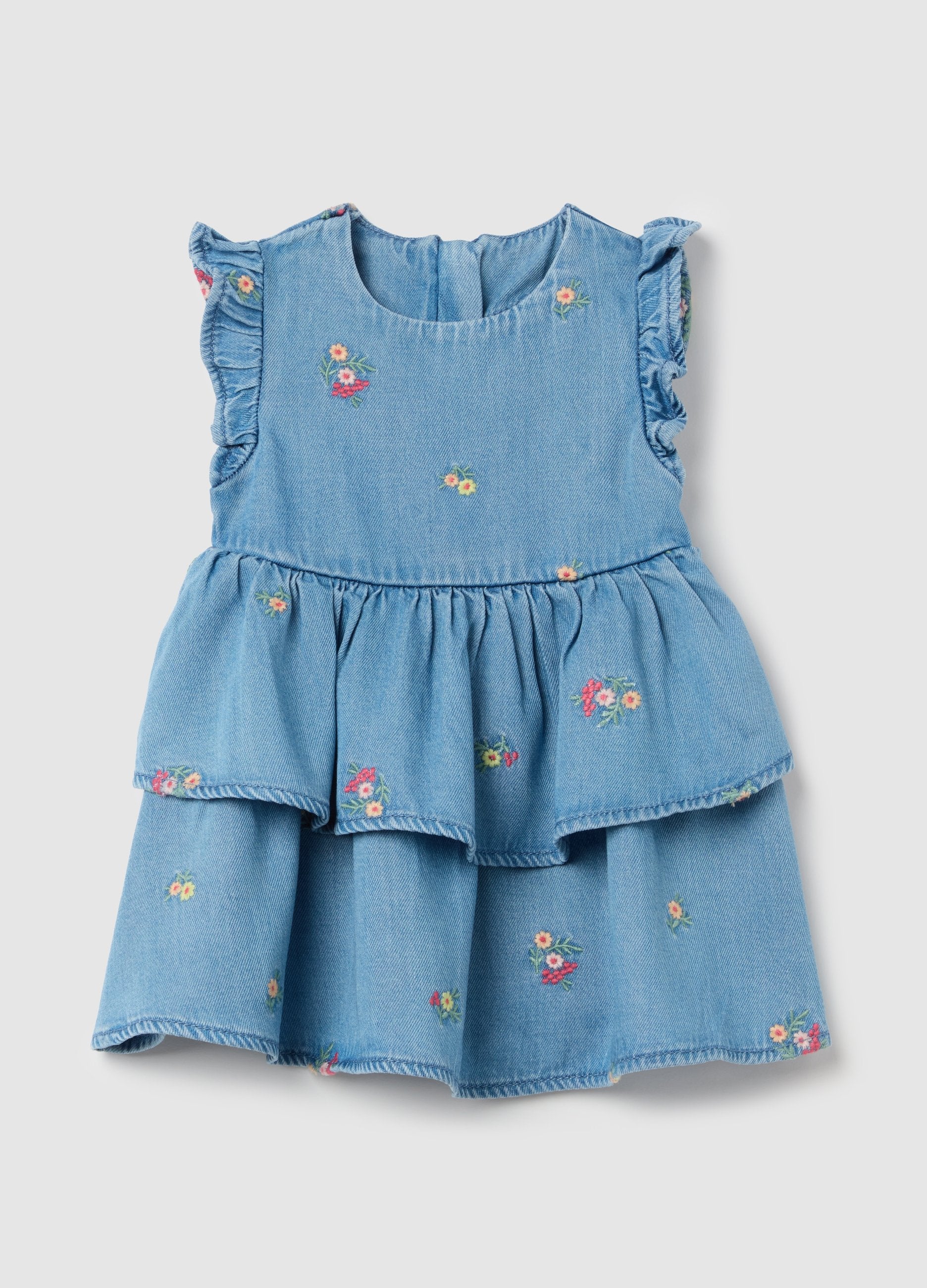 Abito In Denim A Balze Con Ricamo Fiori