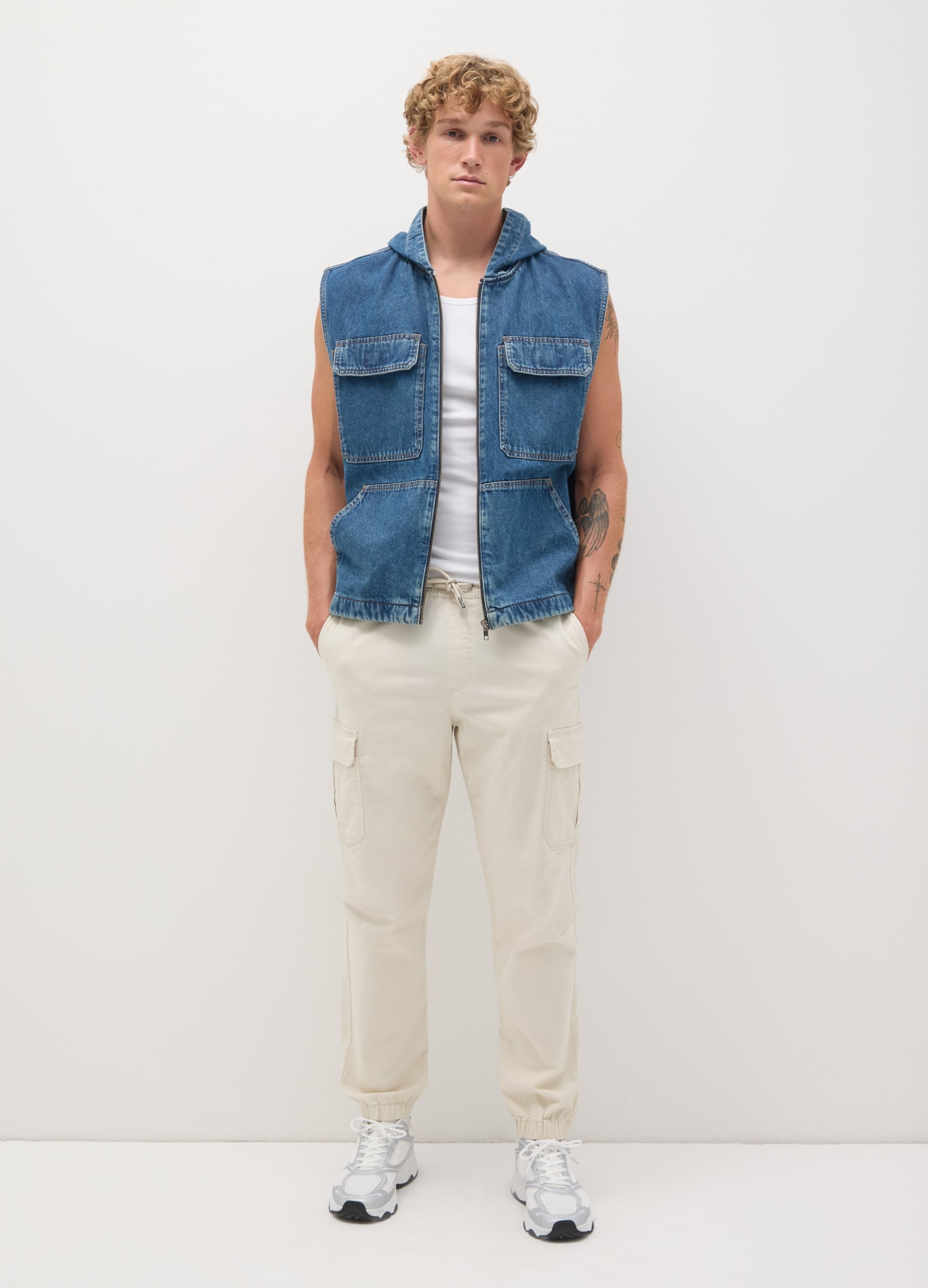 Pantaloni Cargo Da Uomo In Cotone Elasticizzato Beige Regular Fit