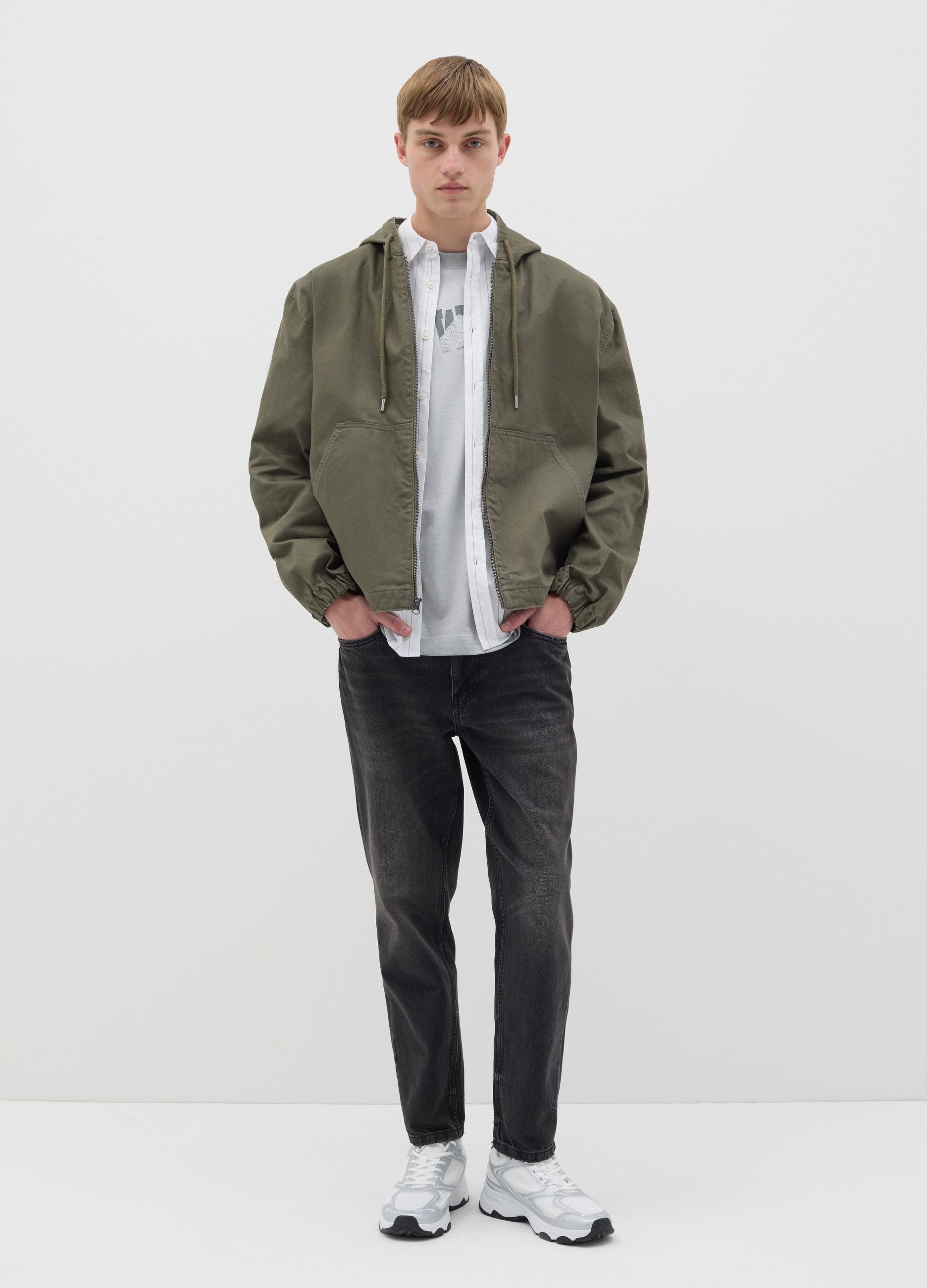 Giacca Corta Full-zip Verde Con Cappuccio