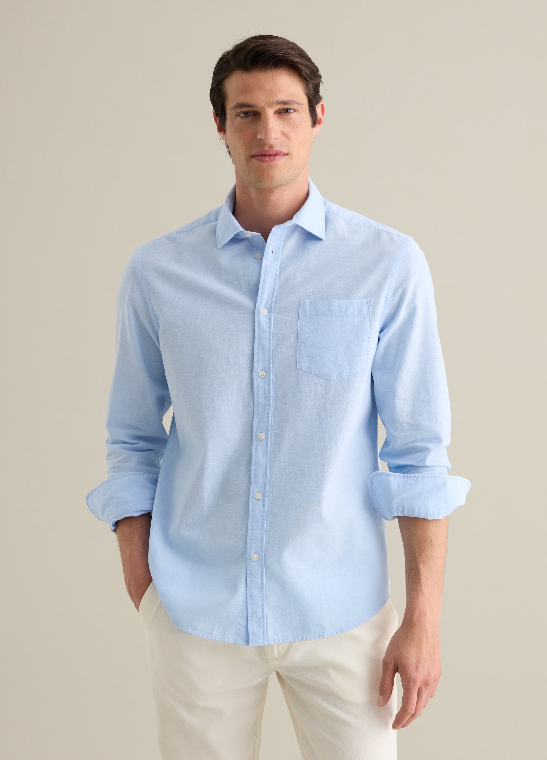 Camicia Da Uomo In Cotone E Lino Azzurra Regular Fit Con Tasca