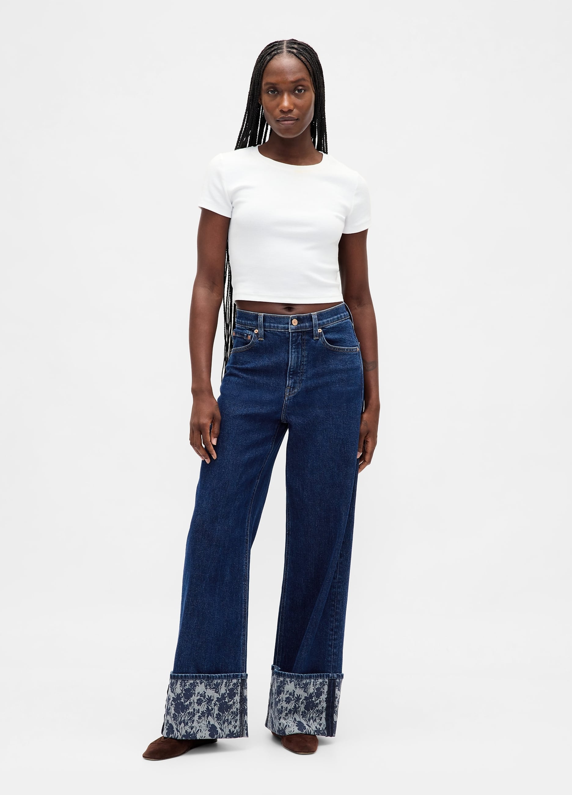 Jeans Wide Leg Con Risvolto Floreale