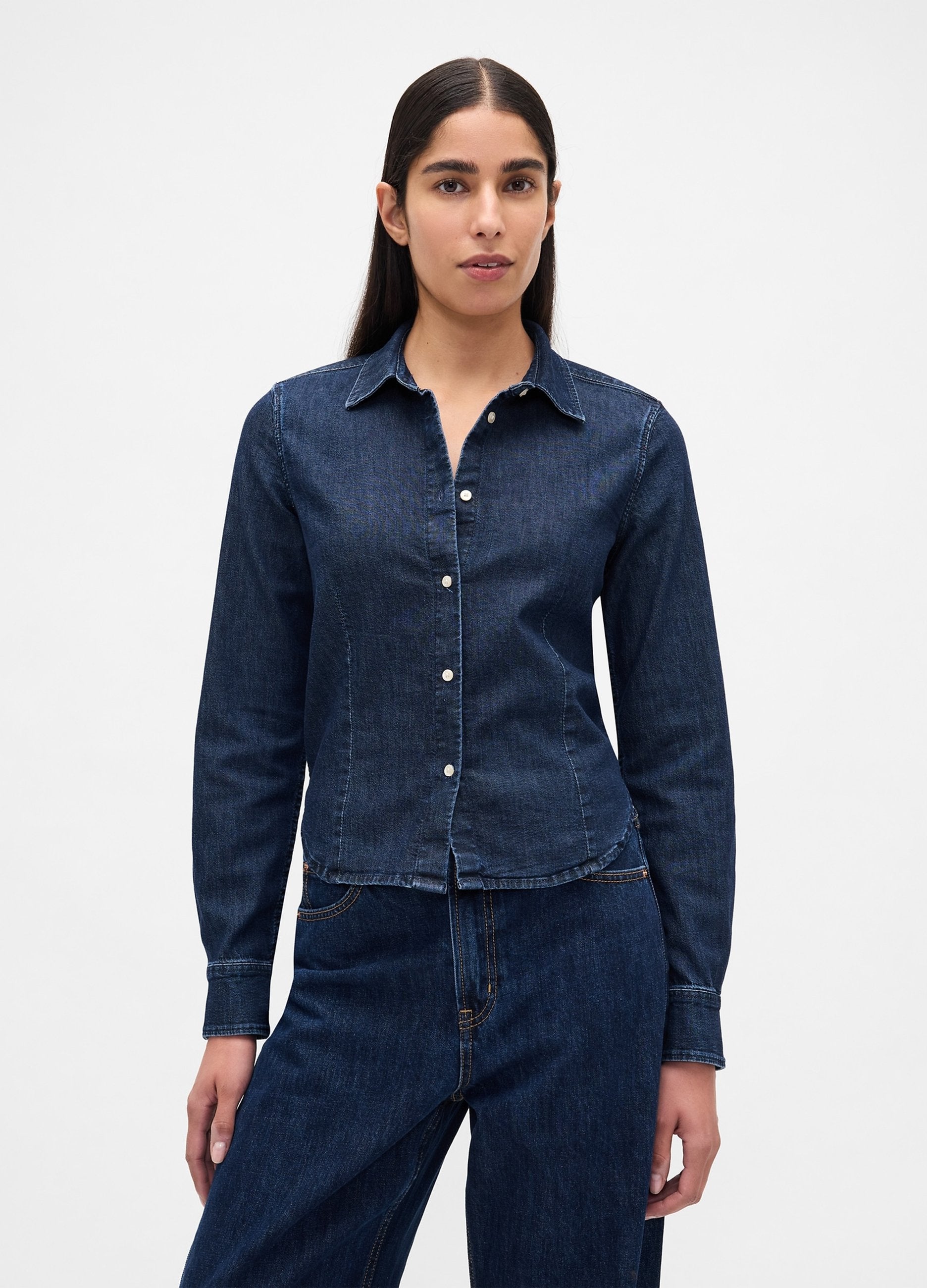 Camicia In Denim Elasticizzata A Maniche Lunghe