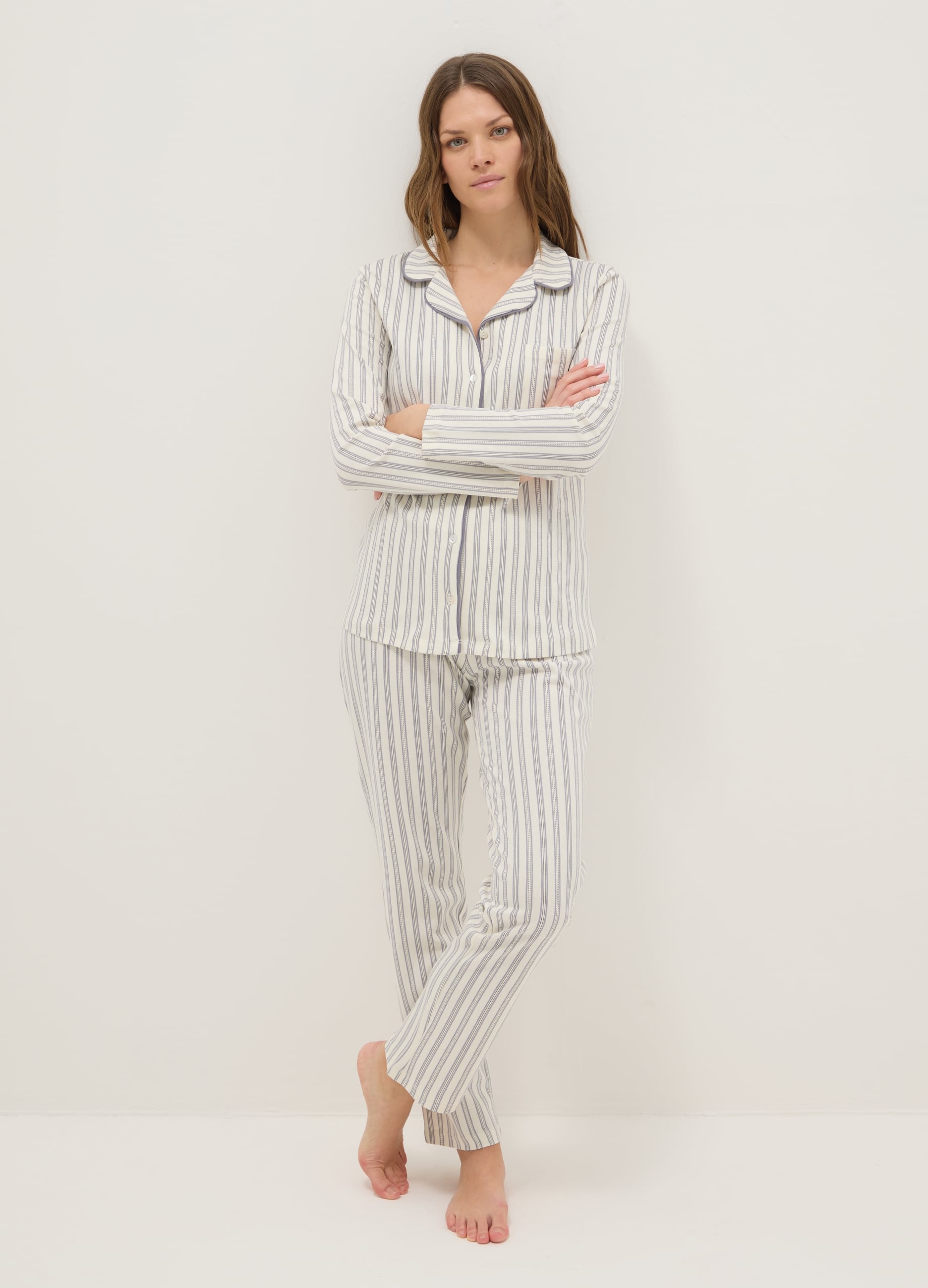 Pigiama In Puro Cotone A Righe Grigio Regular Fit