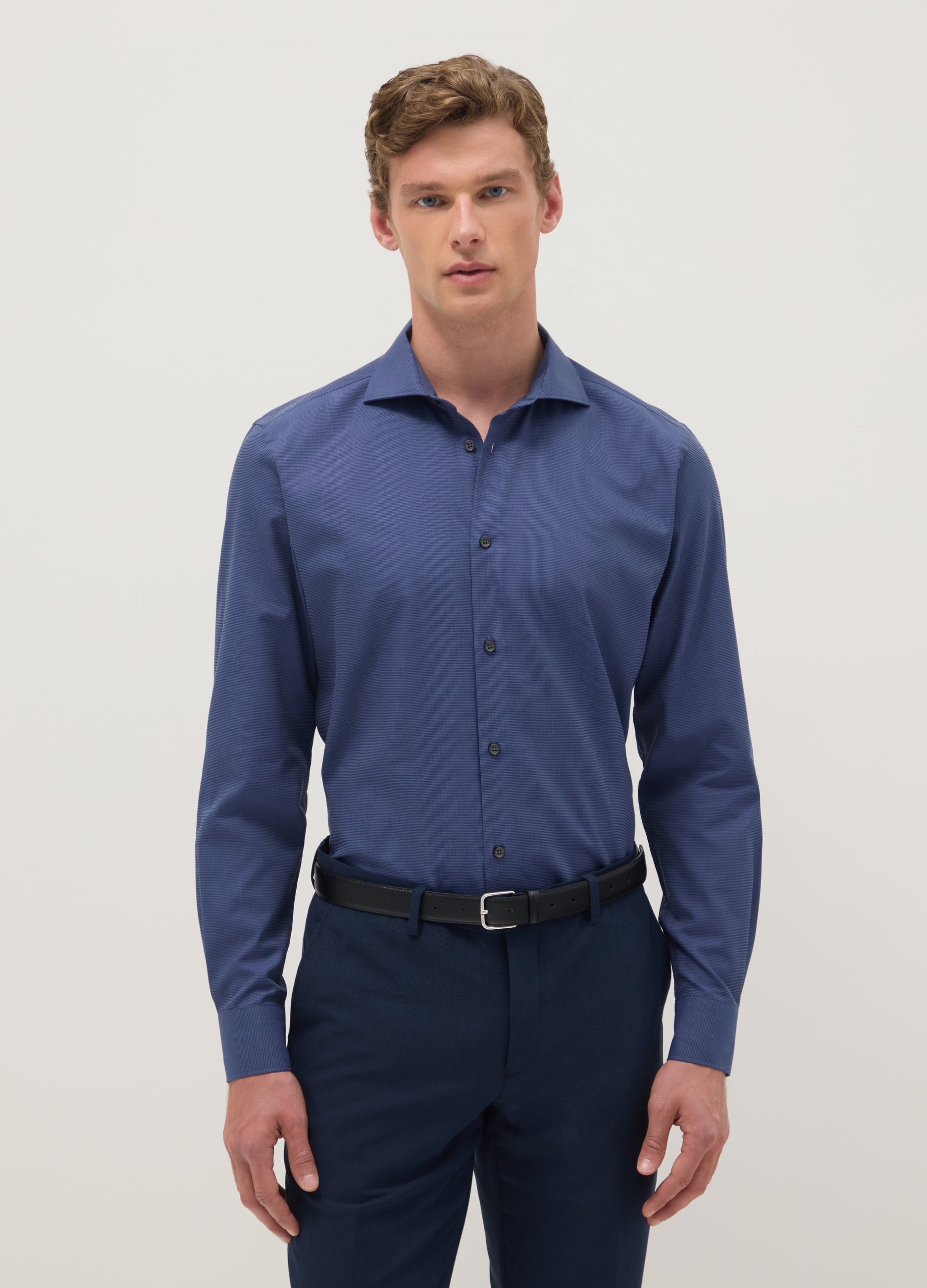 Camicia Blu In Puro Cotone Con Colletto Alla Francese Easy Iron Slim Fit