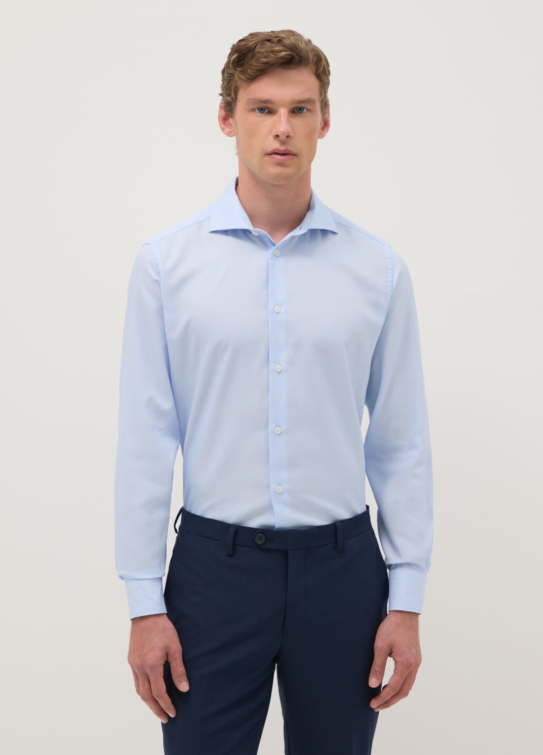 Camicia Azzurra In Puro Cotone Con Colletto Alla Francese Slim Fit Easy Iron