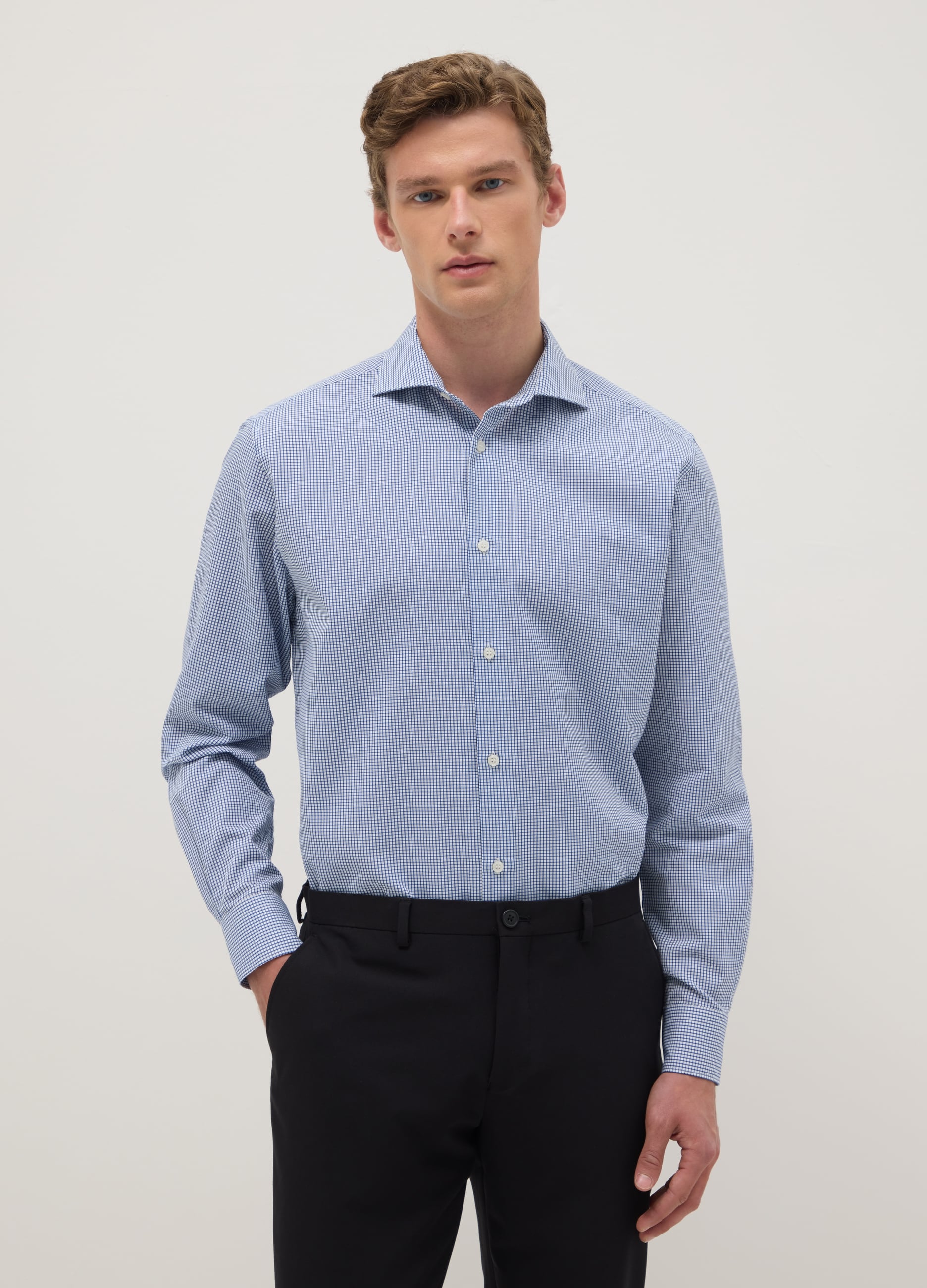 Camicia A Quadri Azzurra In Puro Cotone Regular Fit Easy Iron