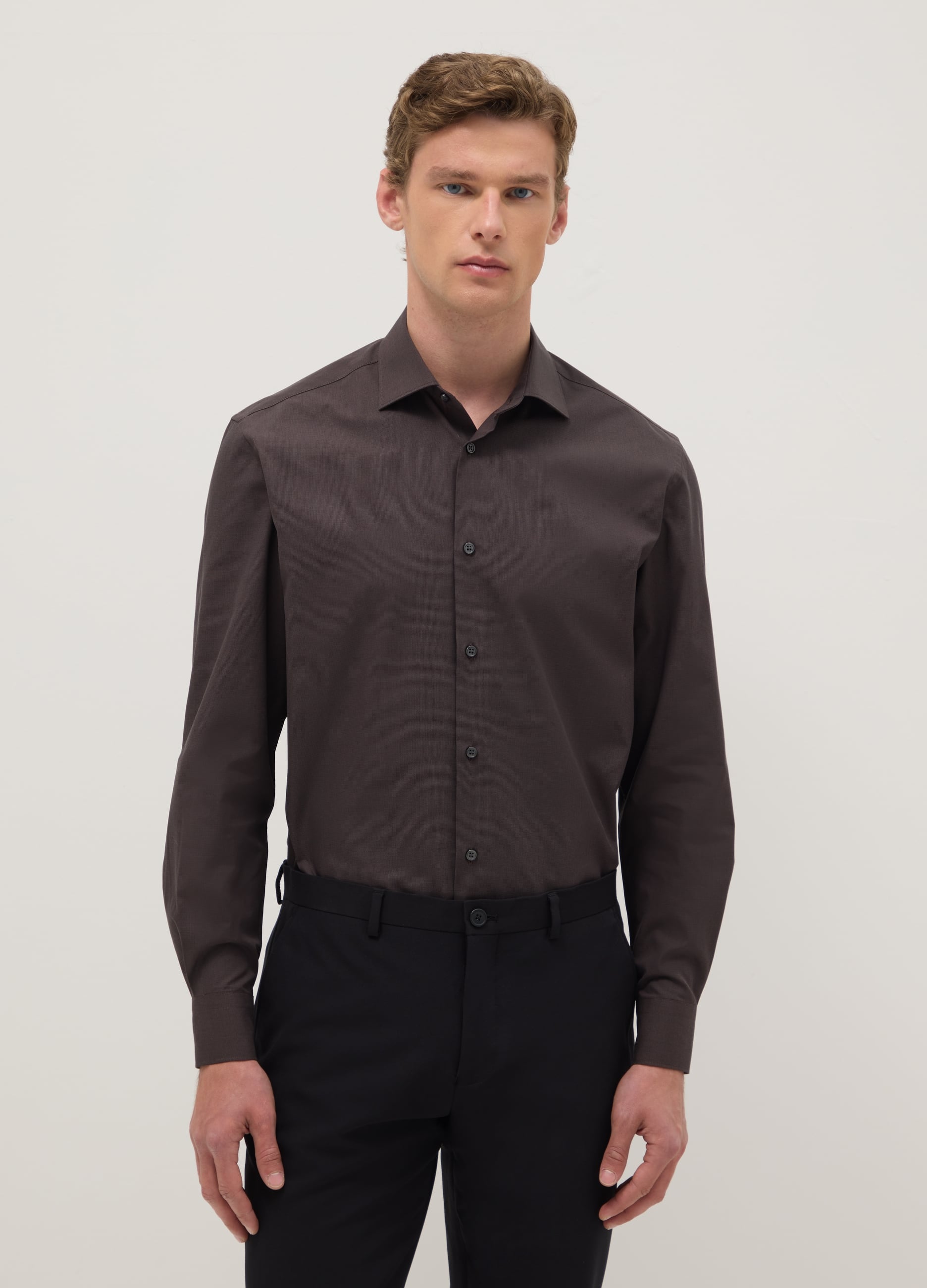 Camicia Marrone In Puro Cotone Regular Fit Easy Iron