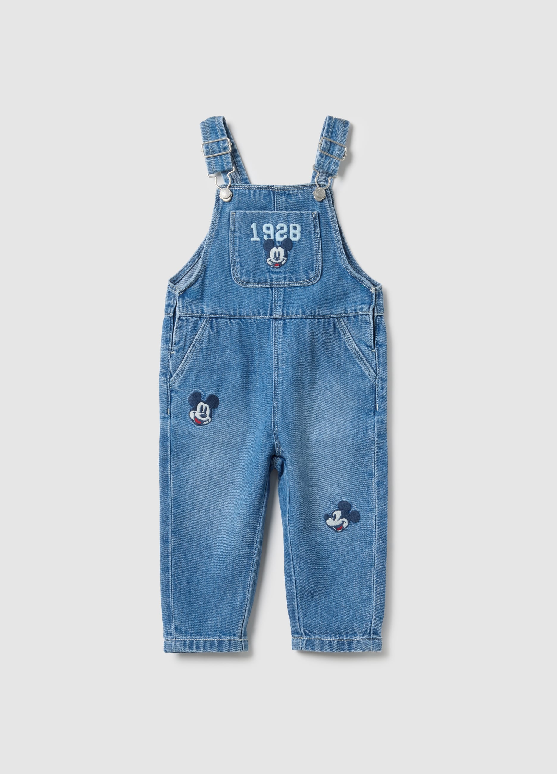 Salopette In Puro Cotone Denim Blu Regular Fit Con Ricami Per Bimbo