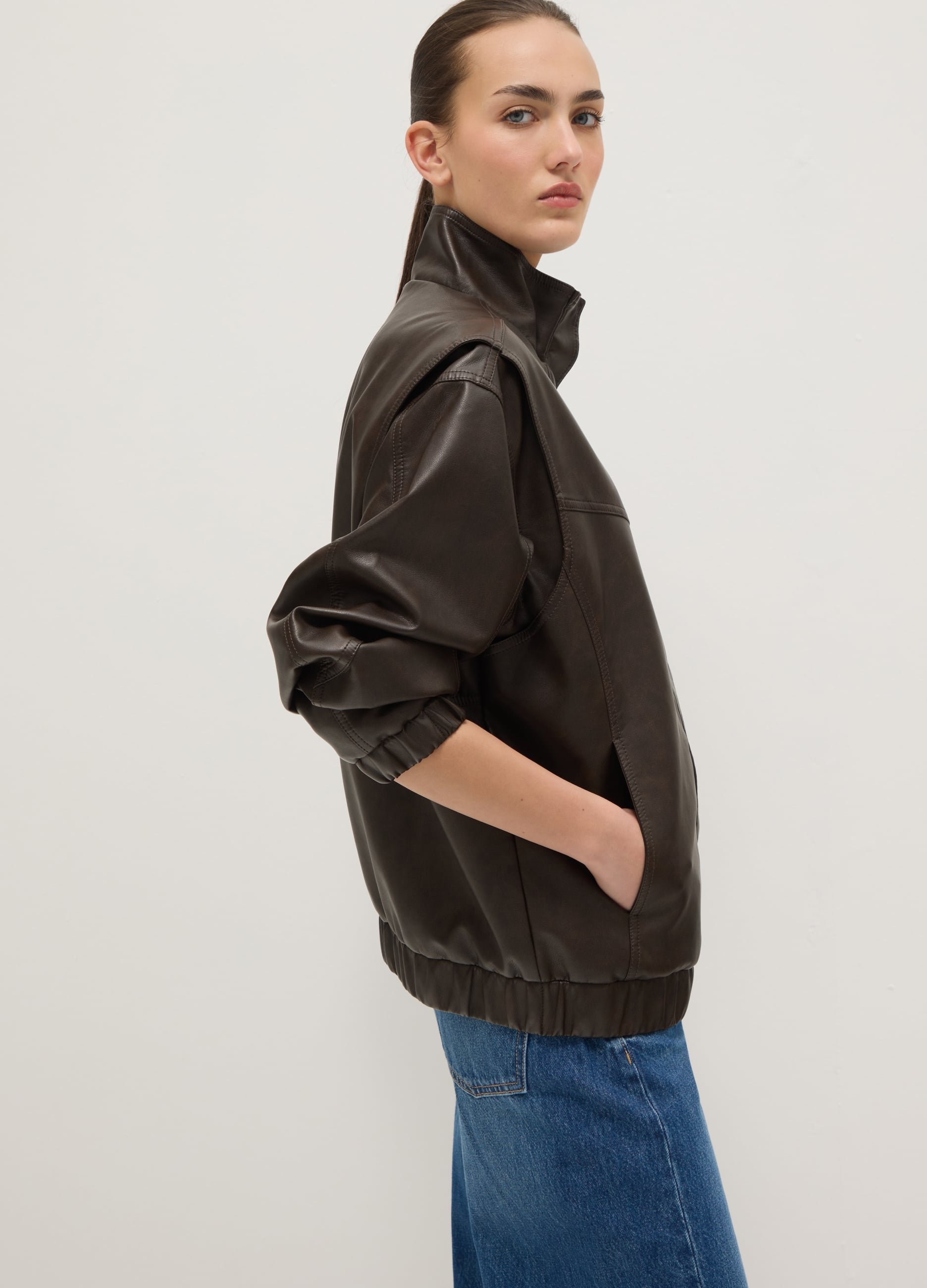 Giacca Da Biker Marrone Over Fit Con Zip E Bottoni