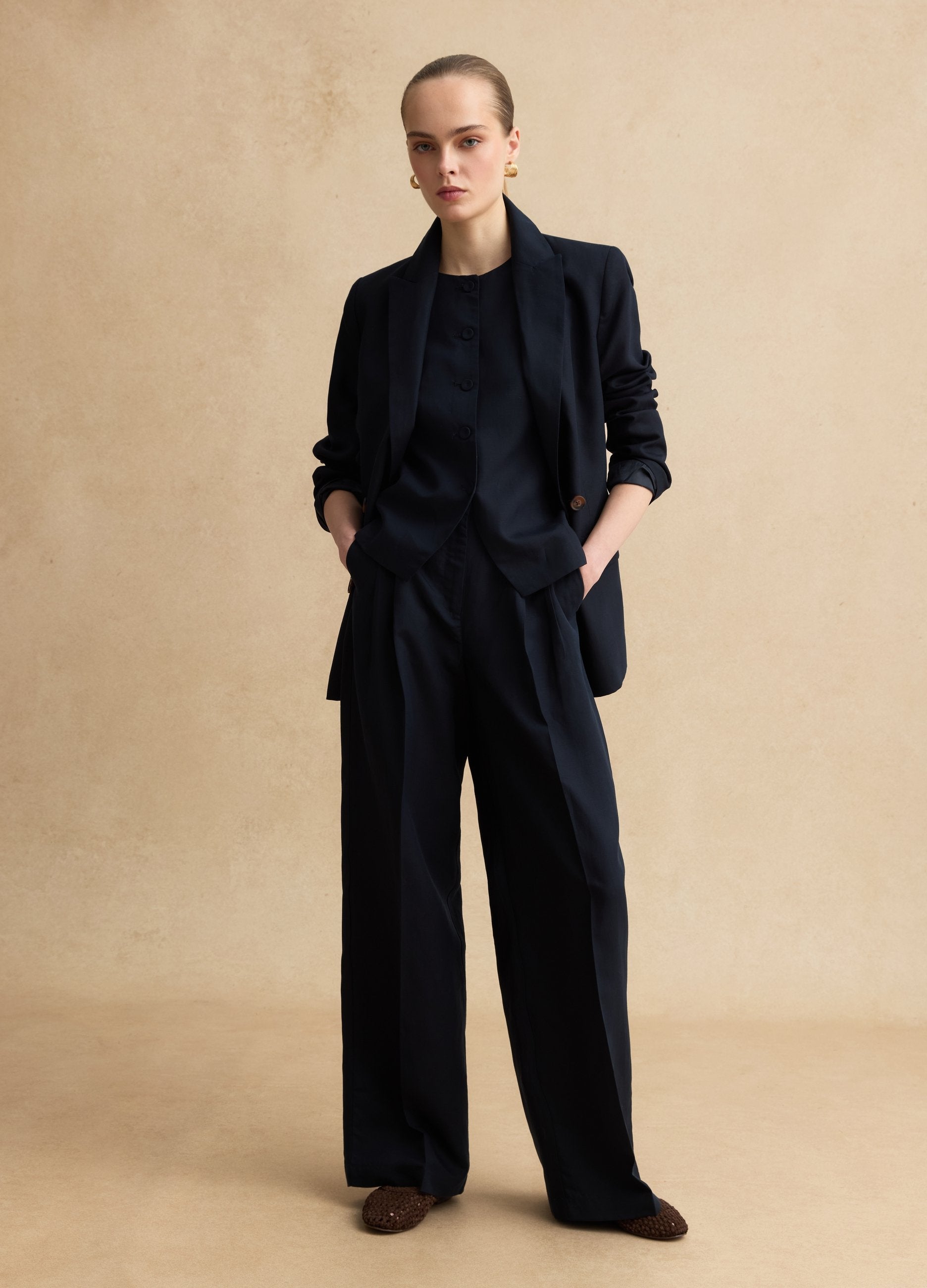 Pantaloni Eleganti In Lyocell E Lino Blu Wide Leg