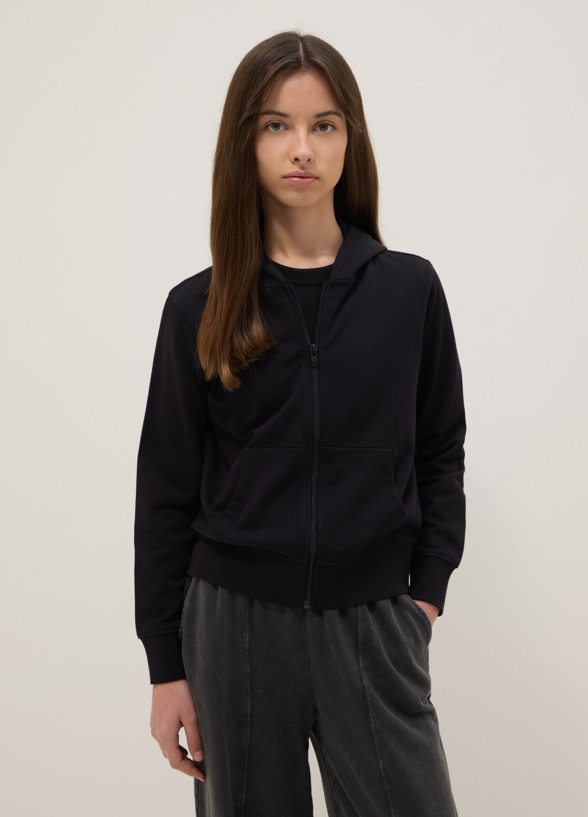 Felpa In Puro Cotone Nera Per Ragazze Regular Fit Con Zip