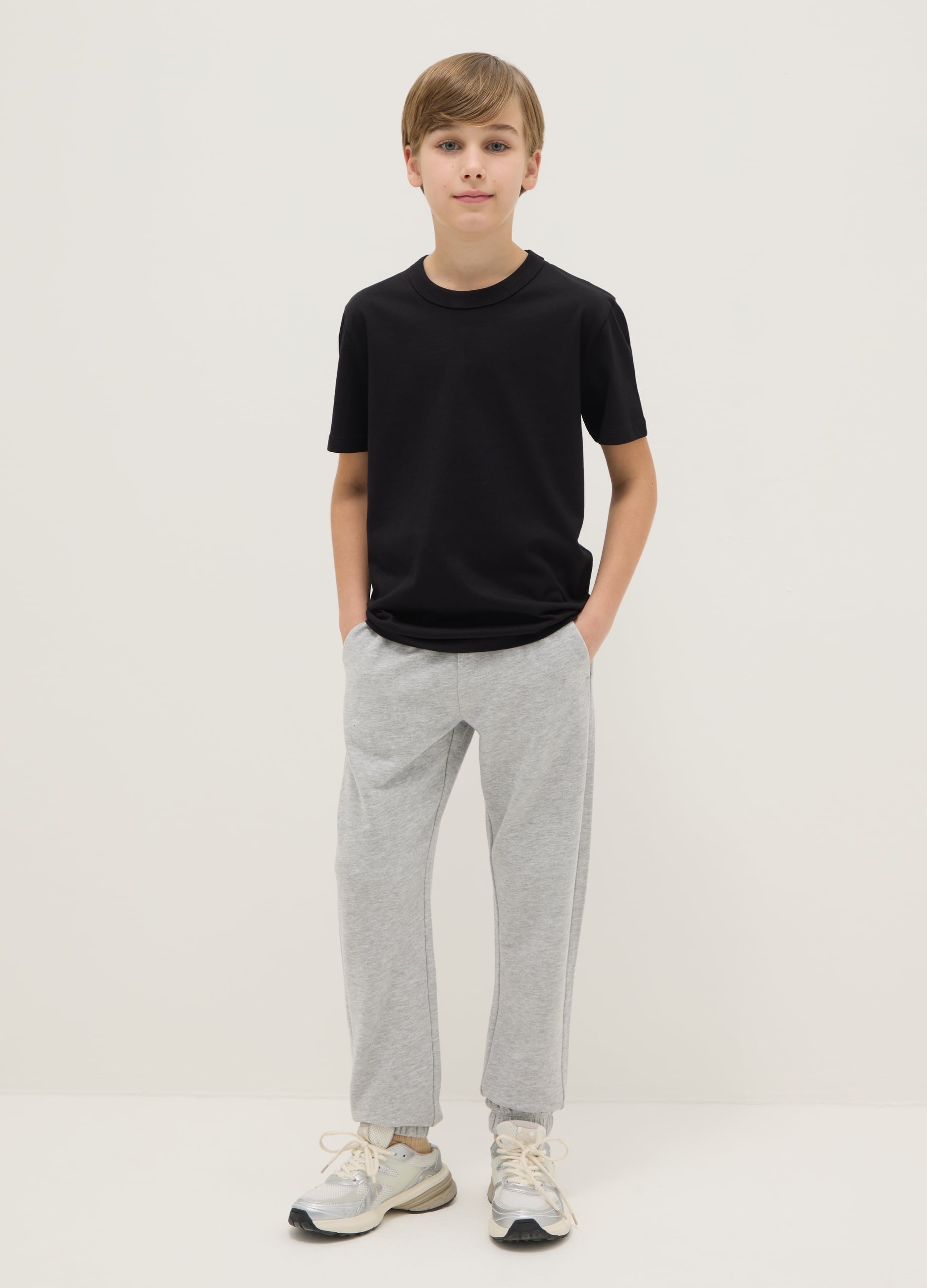 Pantaloni Jogger Grigi Da Ragazzo In Puro Cotone Regular Fit