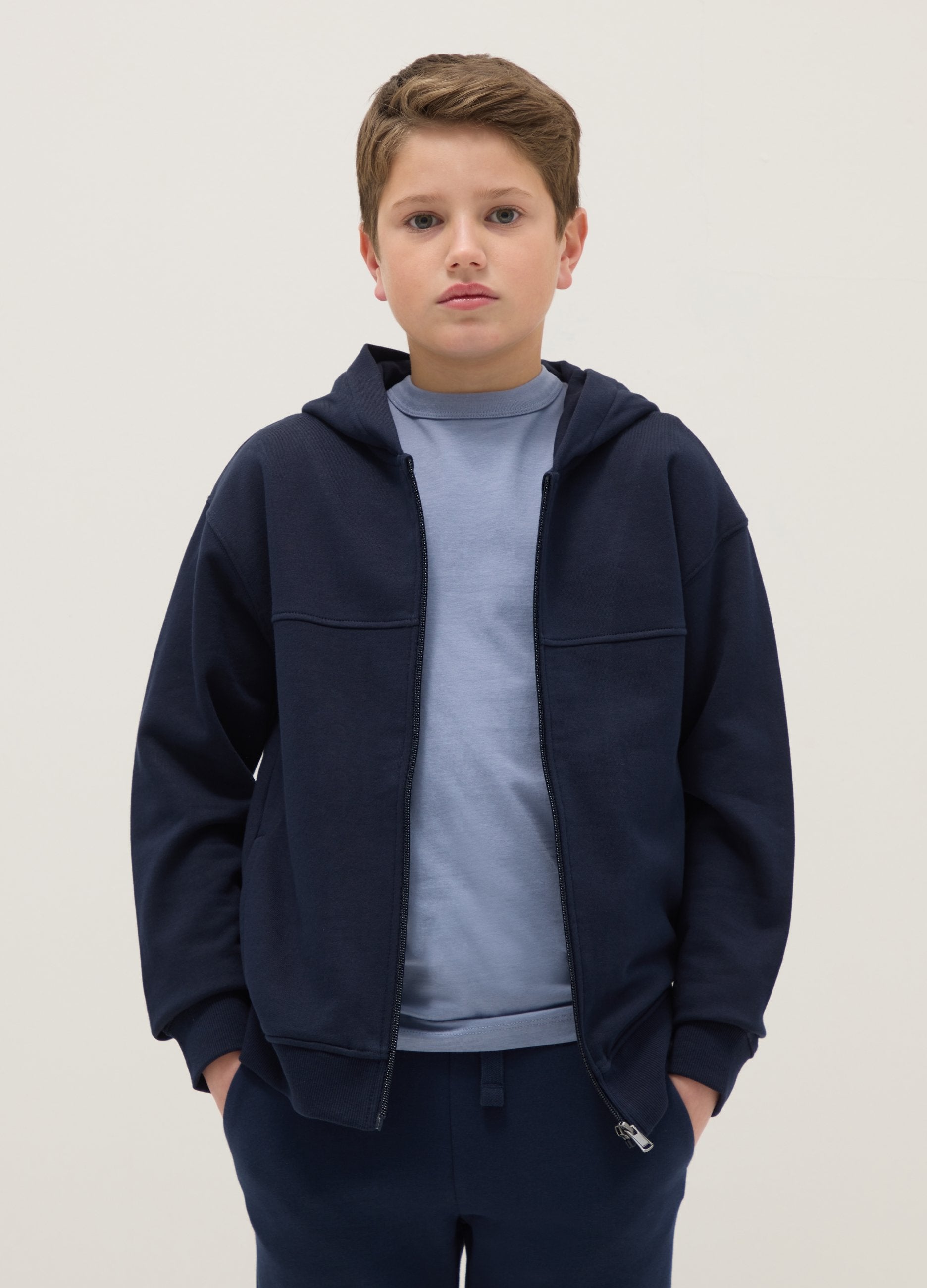 Felpa Blu Per Ragazzo In Puro Cotone Vestibilità Over Con Cappuccio E Zip
