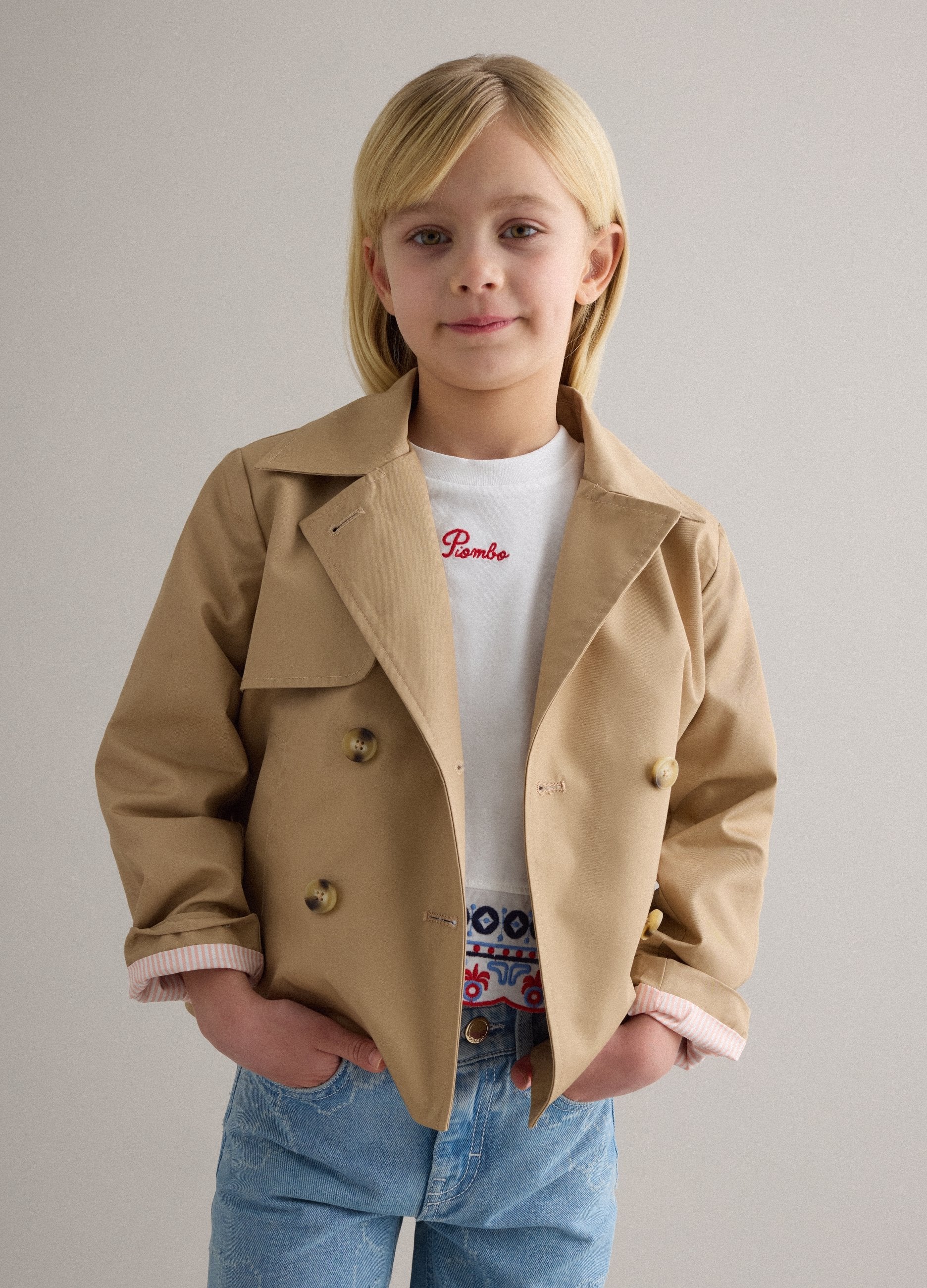 Trench Doppiopetto In Misto Cotone Beige Da Bambina Con Ricamo
