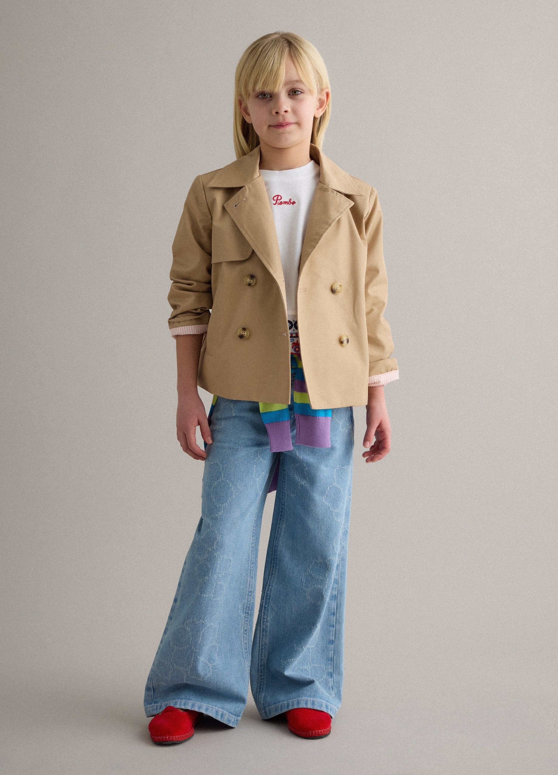 Jeans In Puro Cotone Azzurro Da Bambina Wide Leg Con Stampa Floreale