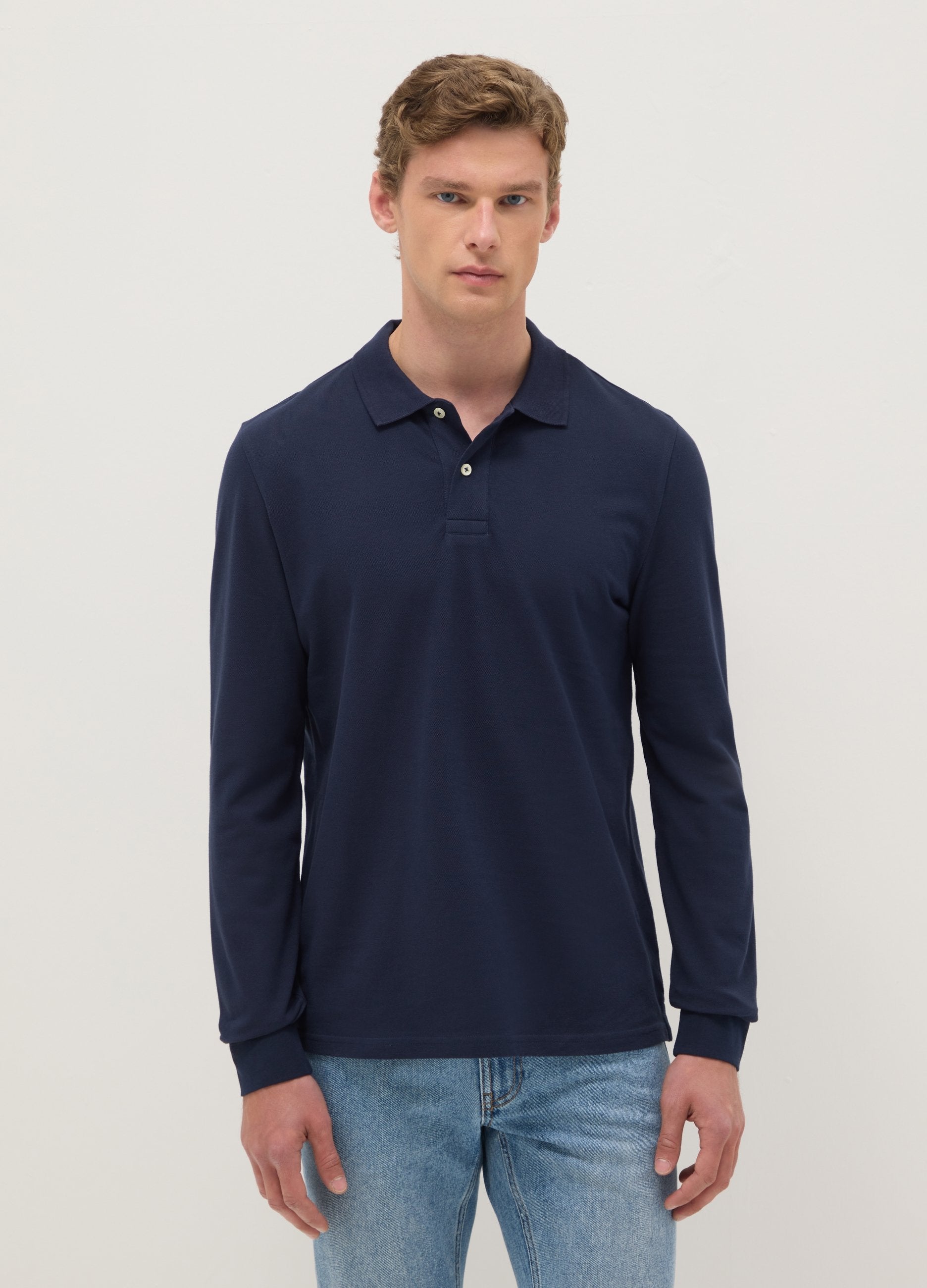 Polo Blu A Maniche Lunghe In Puro Cotone Regular Fit