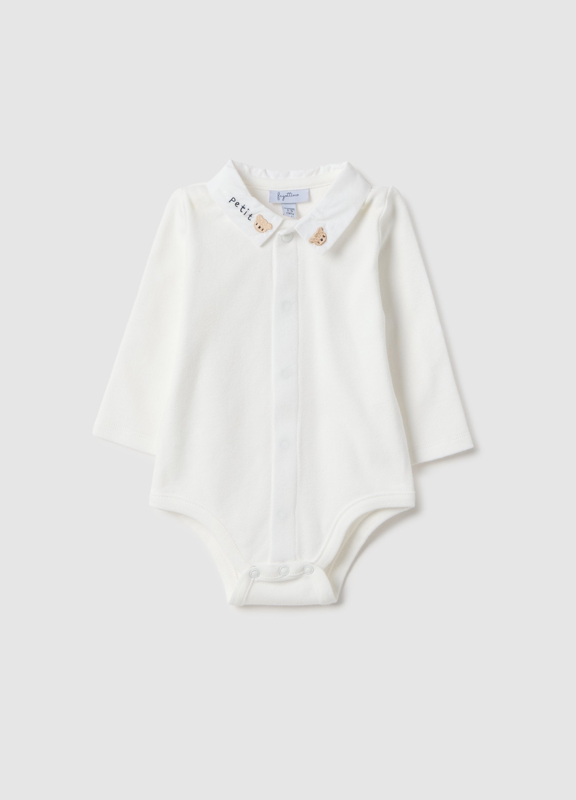 Body In Puro Cotone Bianco Per Neonati Con Colletto A Punta E Ricami