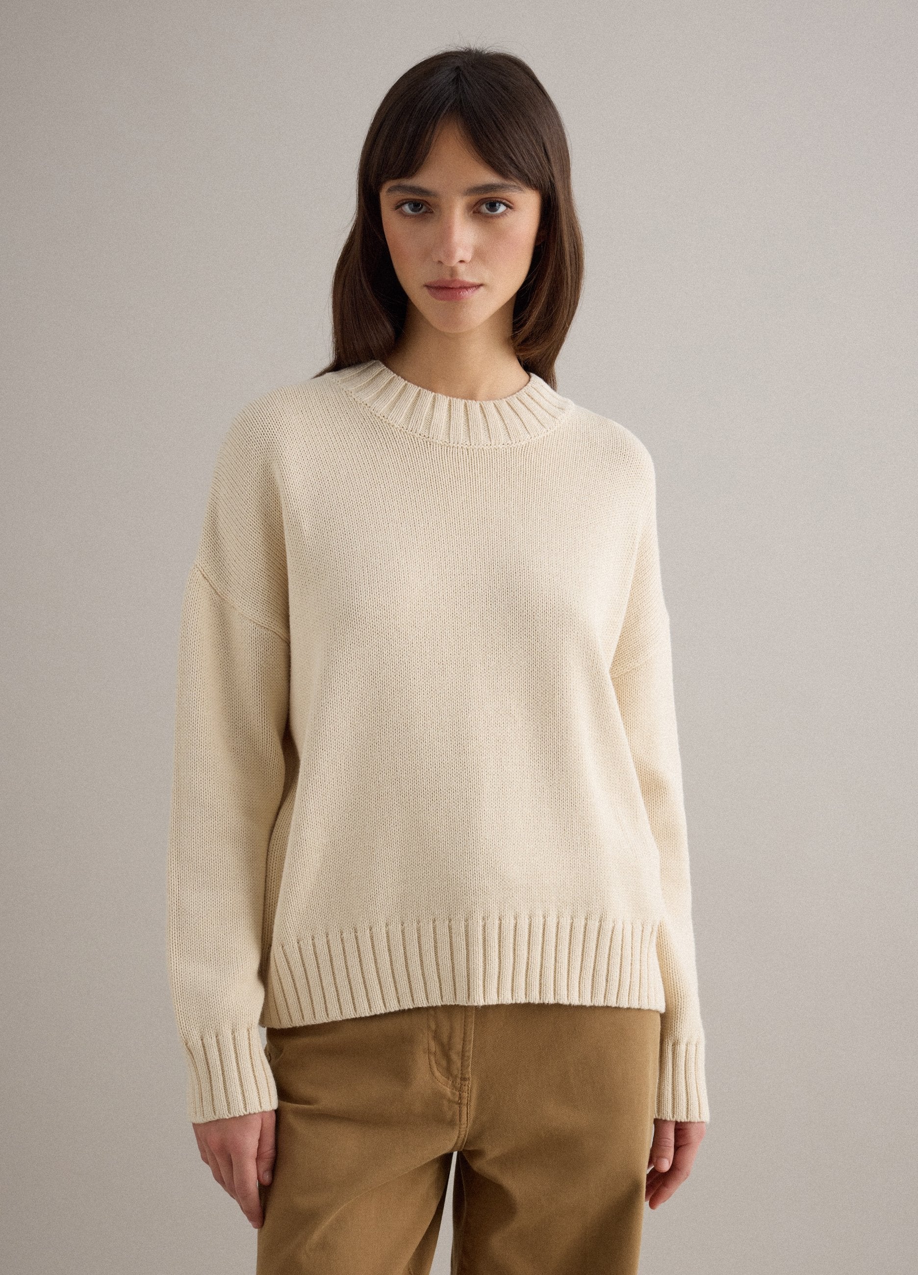 Pullover Girocollo Beige In Puro Cotone Regular Fit