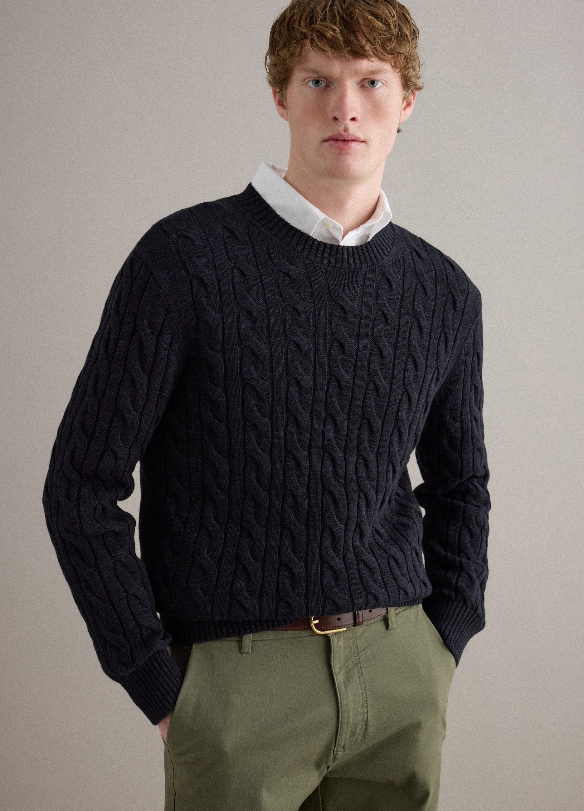 Maglione In Puro Cotone Blu Regular Fit Con Design Intrecciato