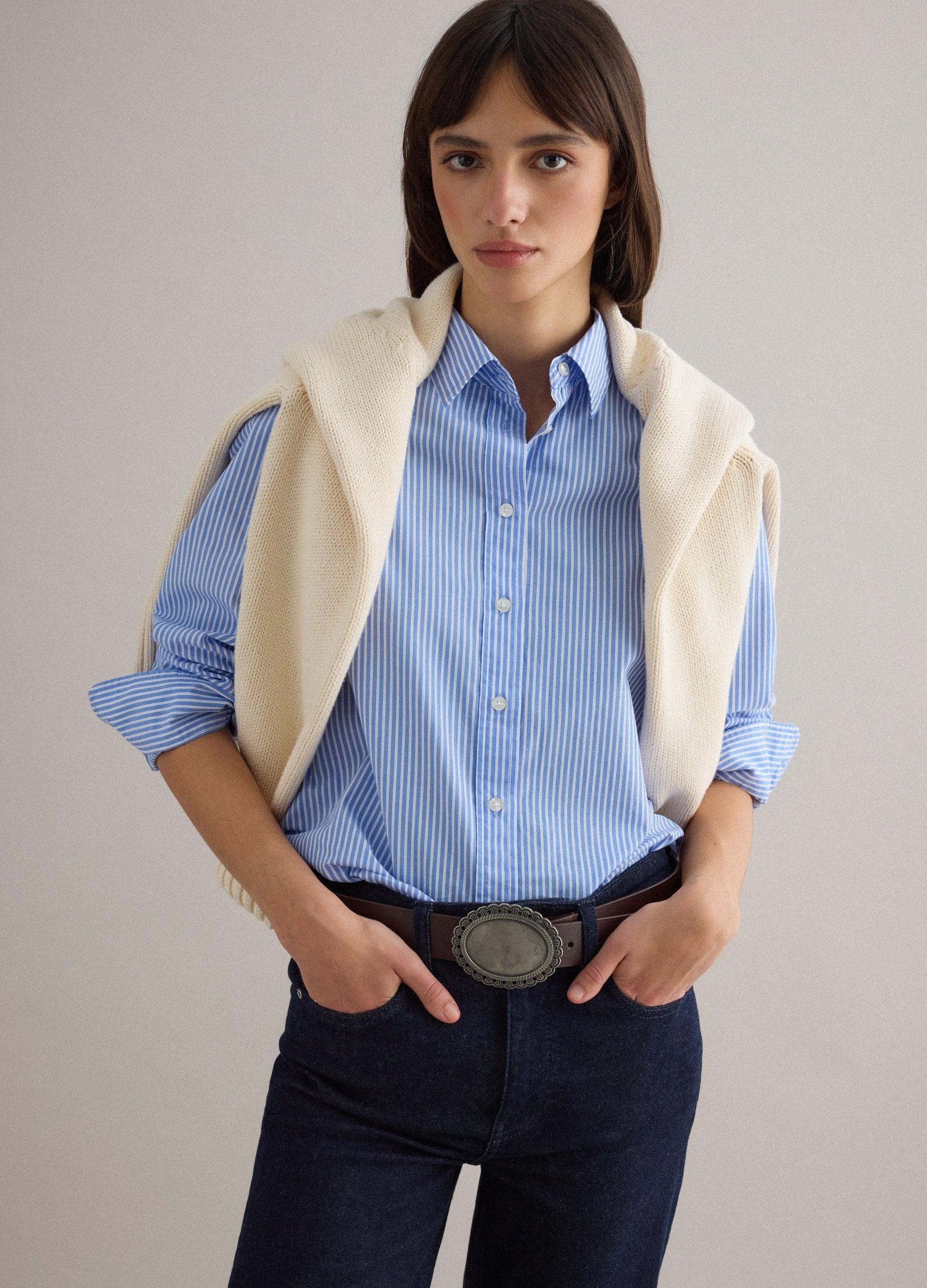 Camicia In Puro Cotone Azzurra A Righe Regular Fit