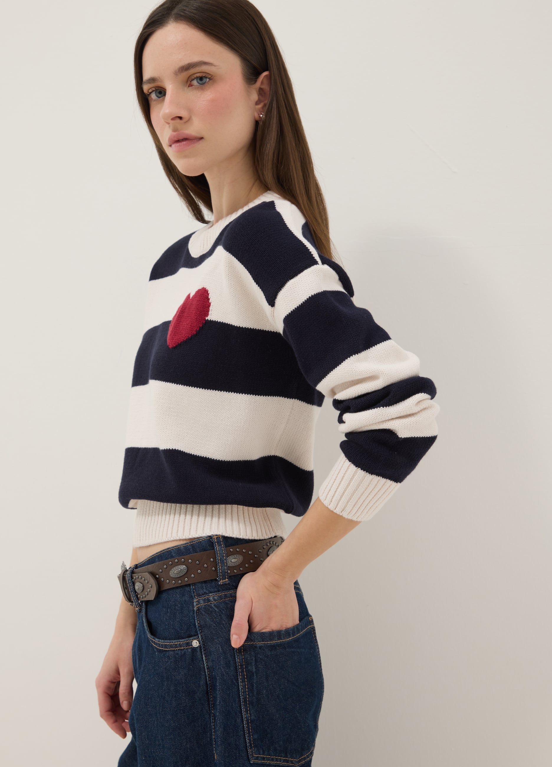 Maglia In Misto Cotone A Righe Multicolor Regular Fit Con Cuore