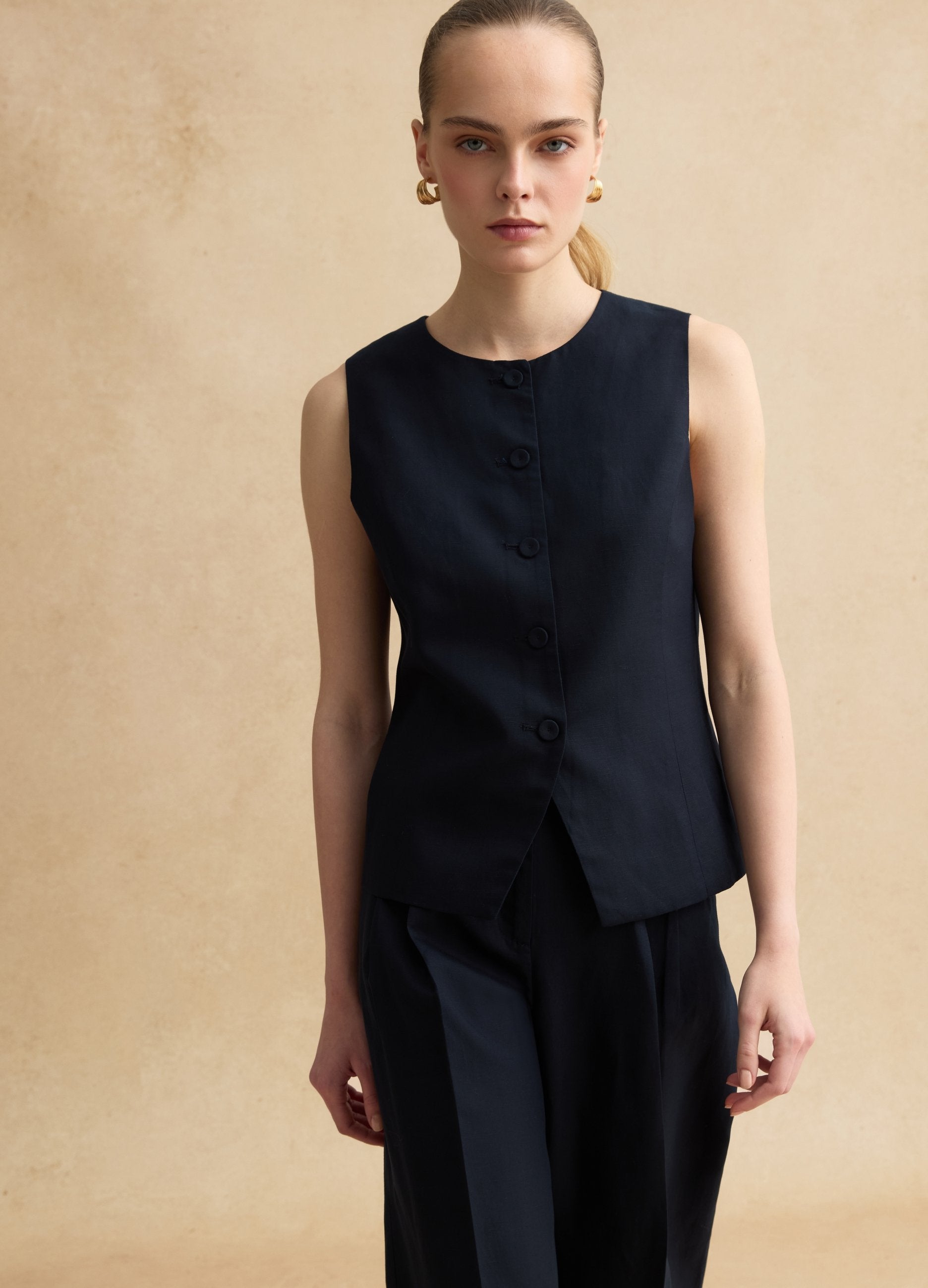 Gilet In Lyocell E Lino Blu Regular Fit Con Bottoni