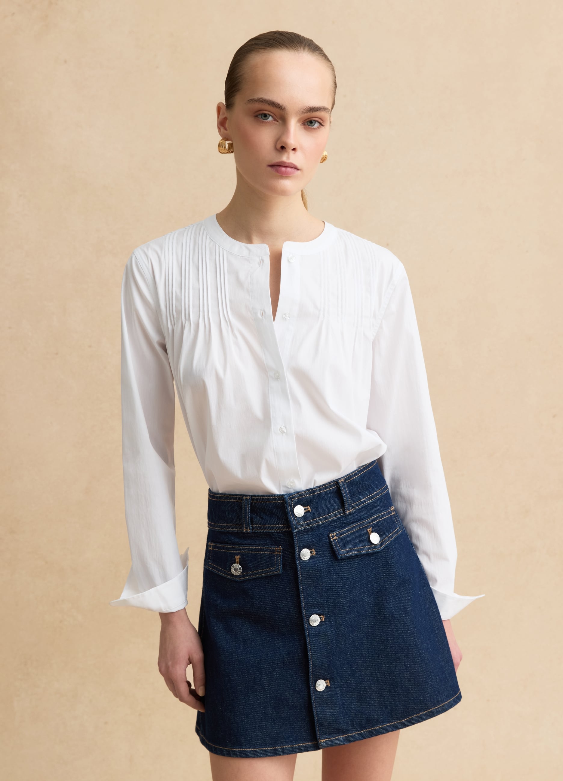 Camicia In Misto Cotone Bianca Regular Fit Con Collo Alla Coreana