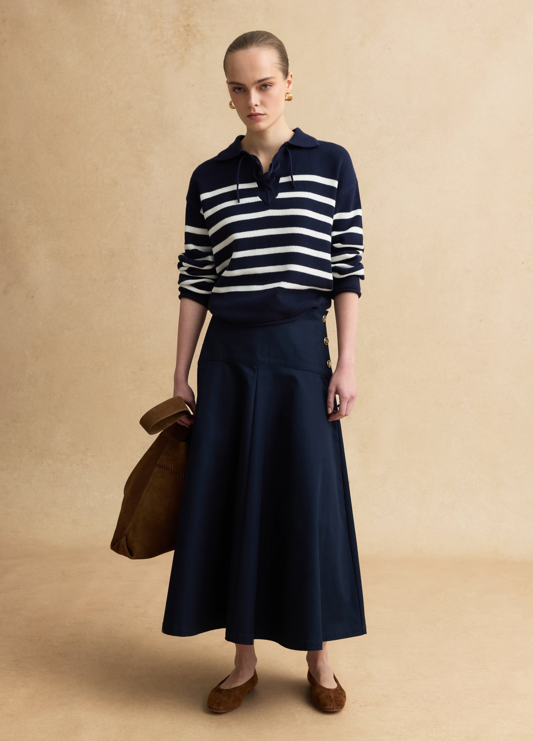 Gonna Lunga In Puro Cotone Blu Regular Fit Con Bottoni Decorativi