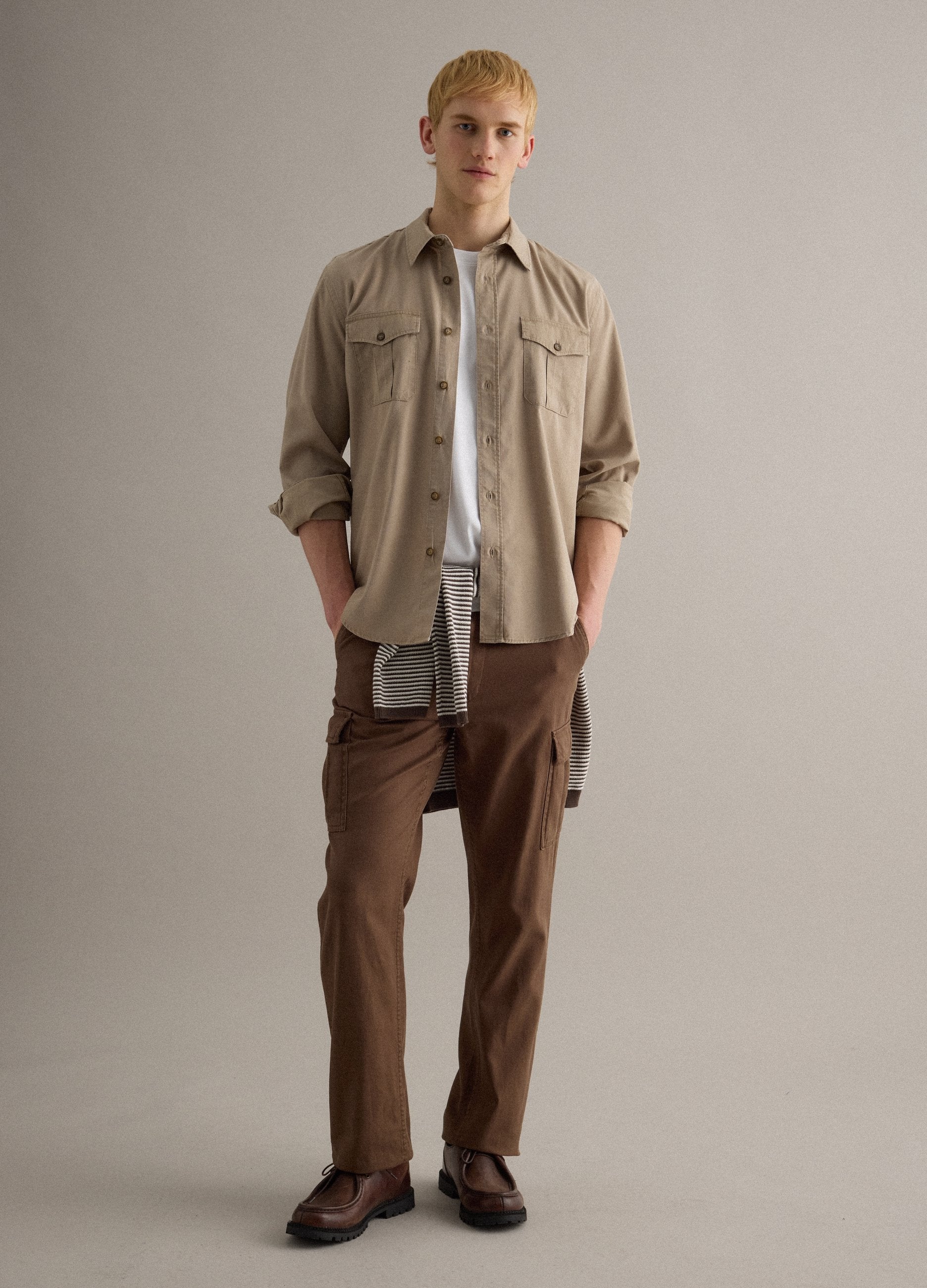 Camicia A Maniche Lunghe In Lyocell E Cotone Beige Oversize Fit
