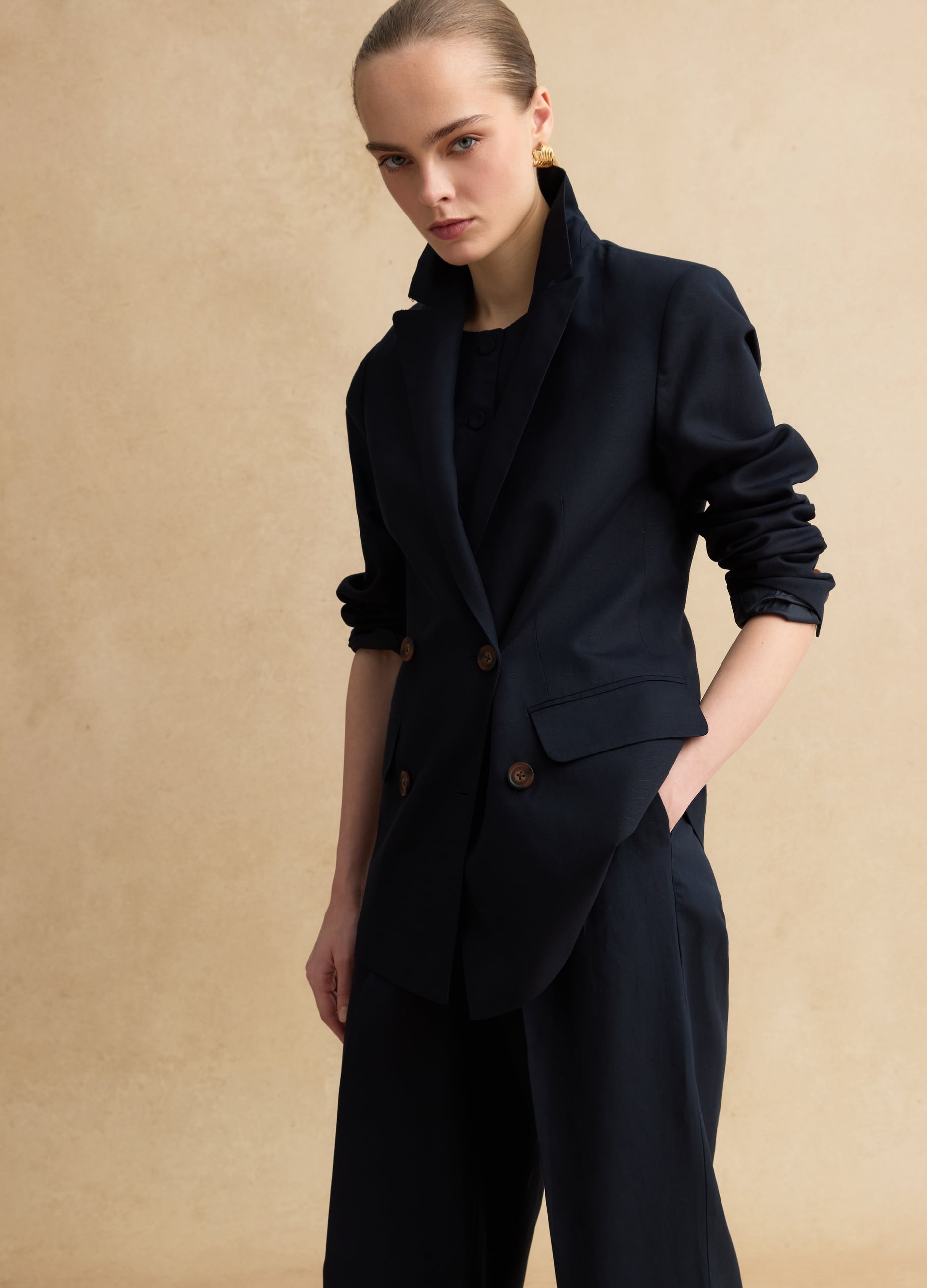 Blazer Doppiopetto In Lyocell E Lino Blu Regular Fit