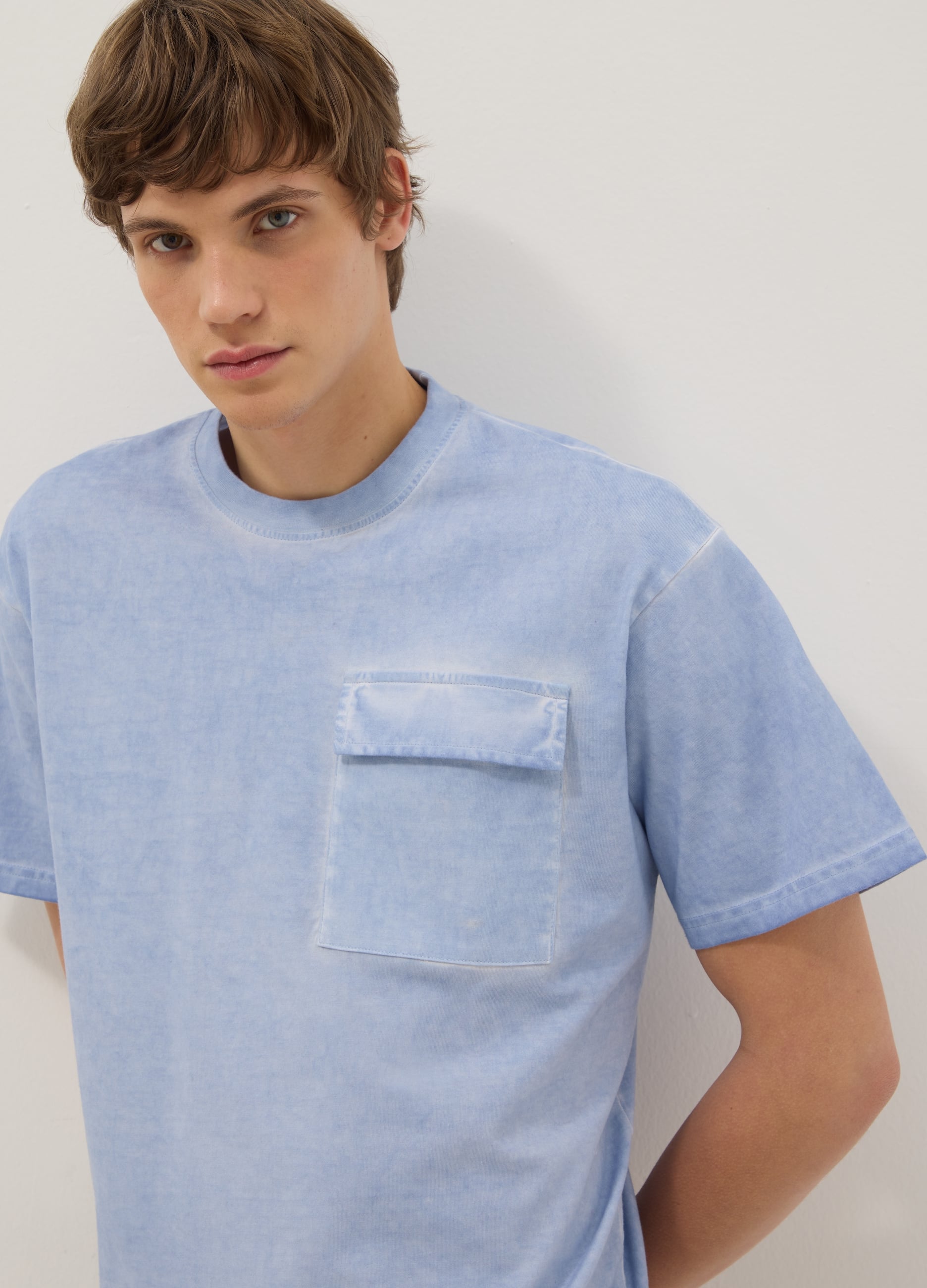 T-shirt In Puro Cotone Azzurro Regular Fit Con Tasca
