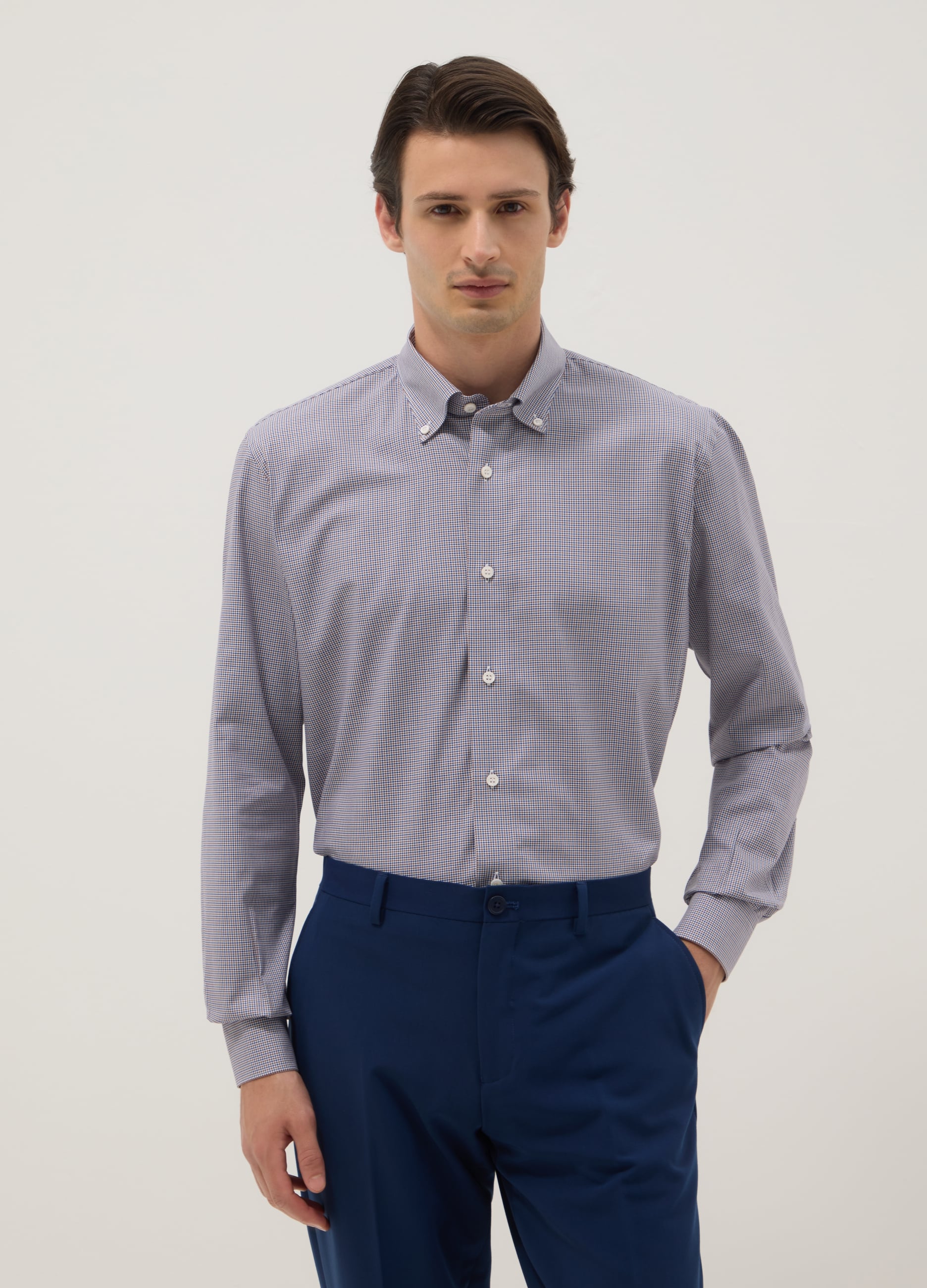 Camicia In Puro Cotone Grigia A Microquadri Easy Iron Regular Fit
