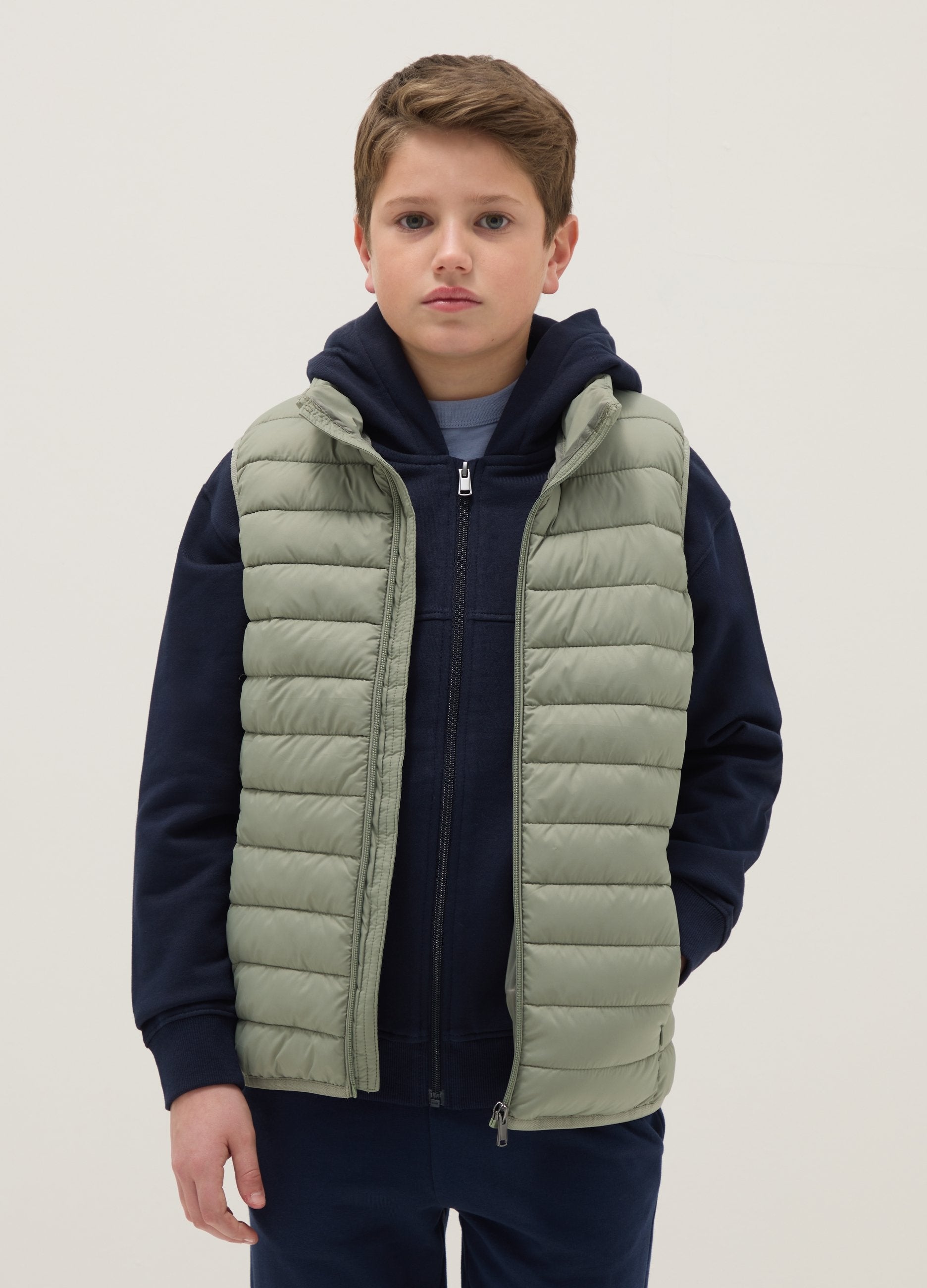 Gilet Ultralight Imbottito Verde Da Ragazzo Regular Fit Con Cappuccio
