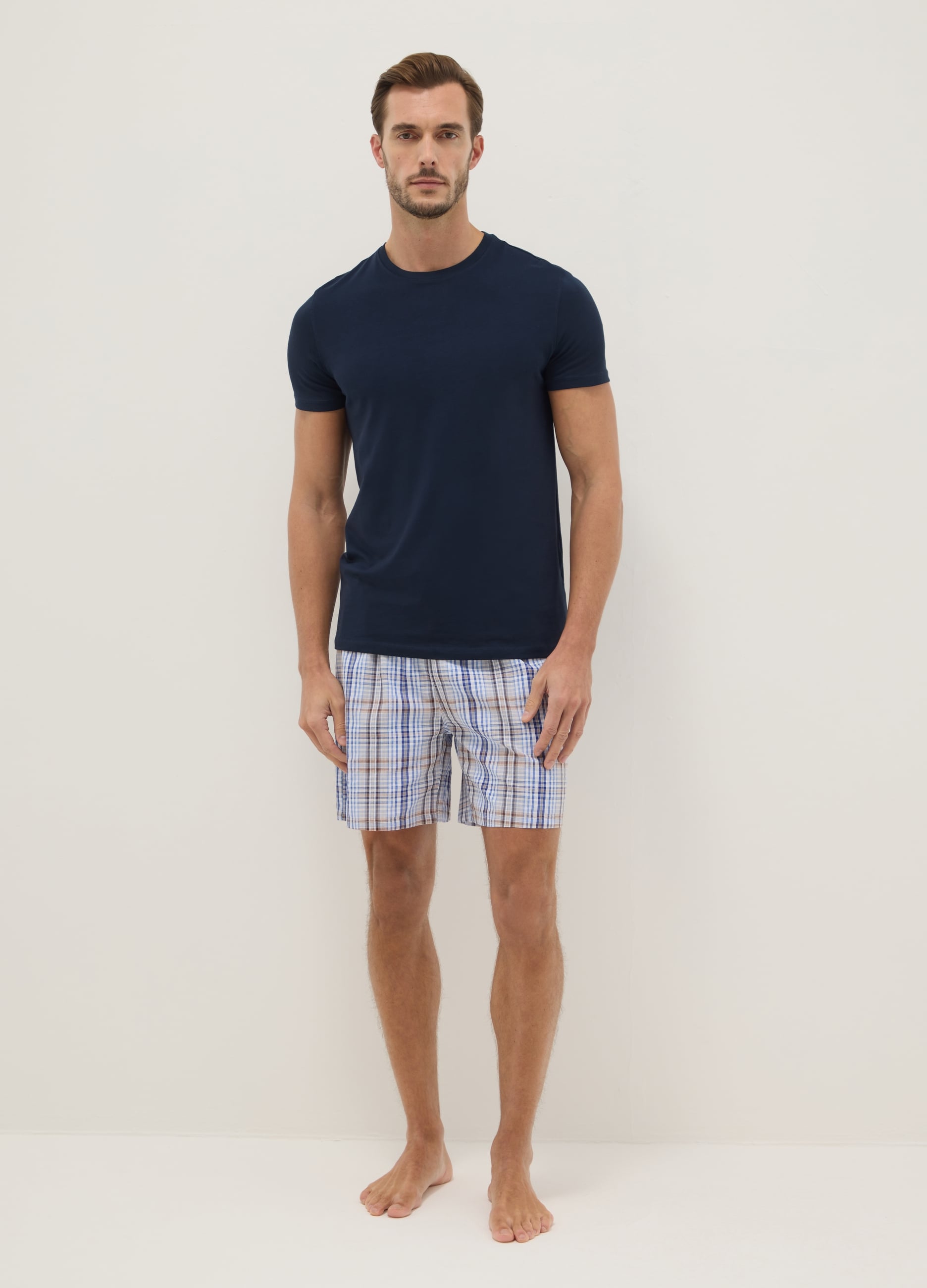 Pantaloncini Pigiama In Puro Cotone Organico A Quadri Multicolor Regular Fit