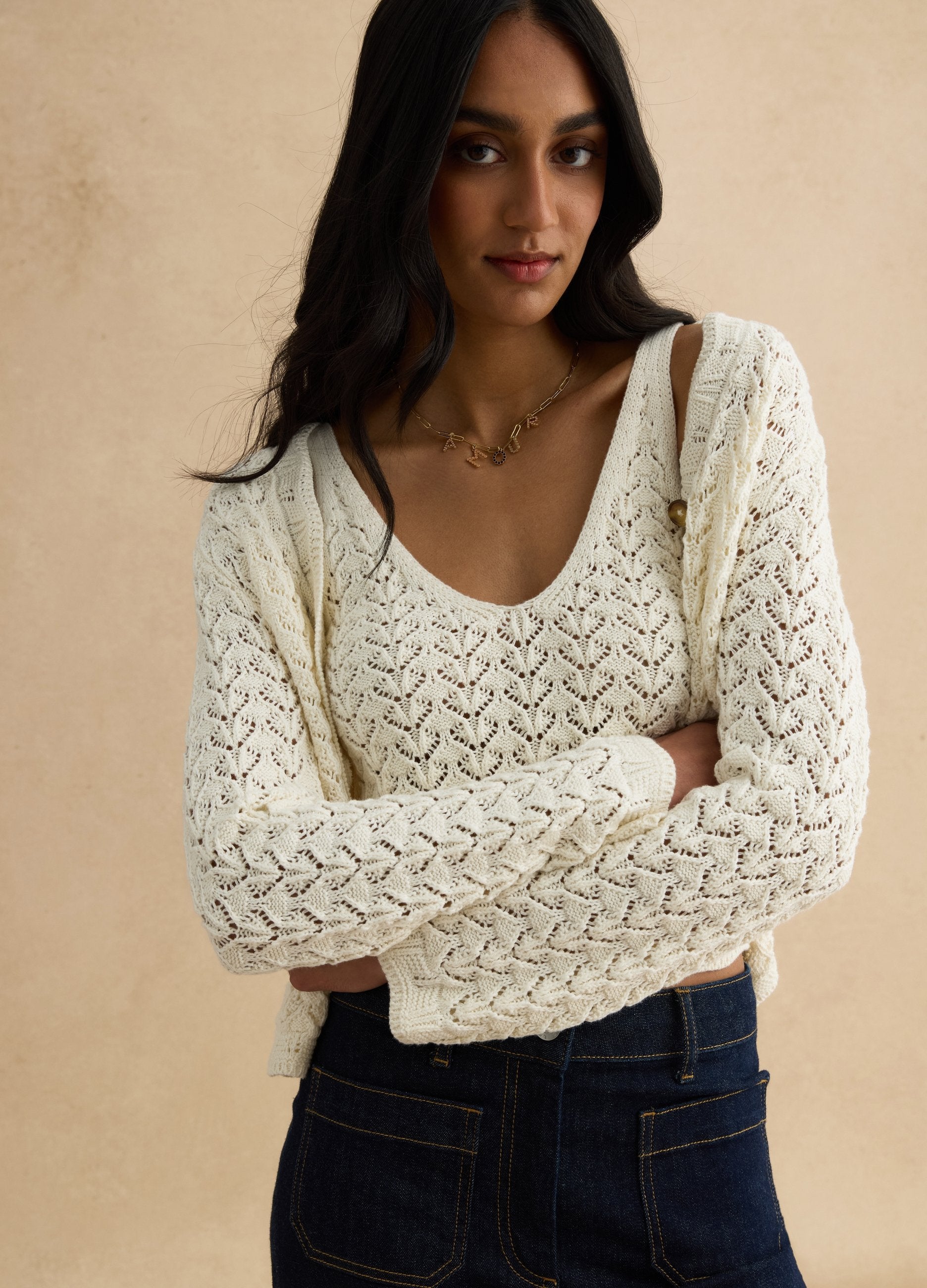 Cardigan Bianco Deep V In Crochet Di Puro Cotone Regular Fit