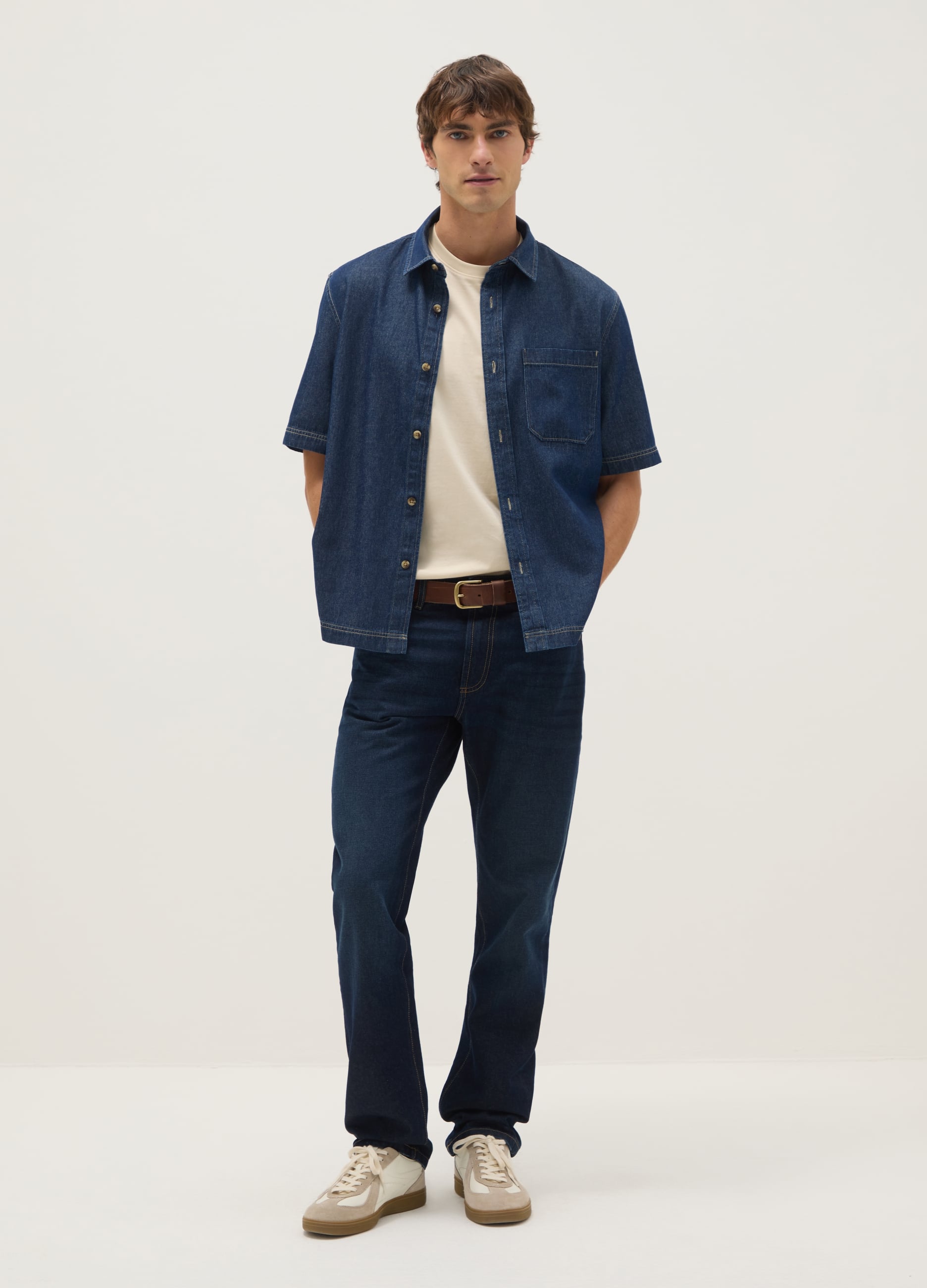 Camicia In Puro Cotone Denim Blu Regular Fit Con Tasca Sul Petto
