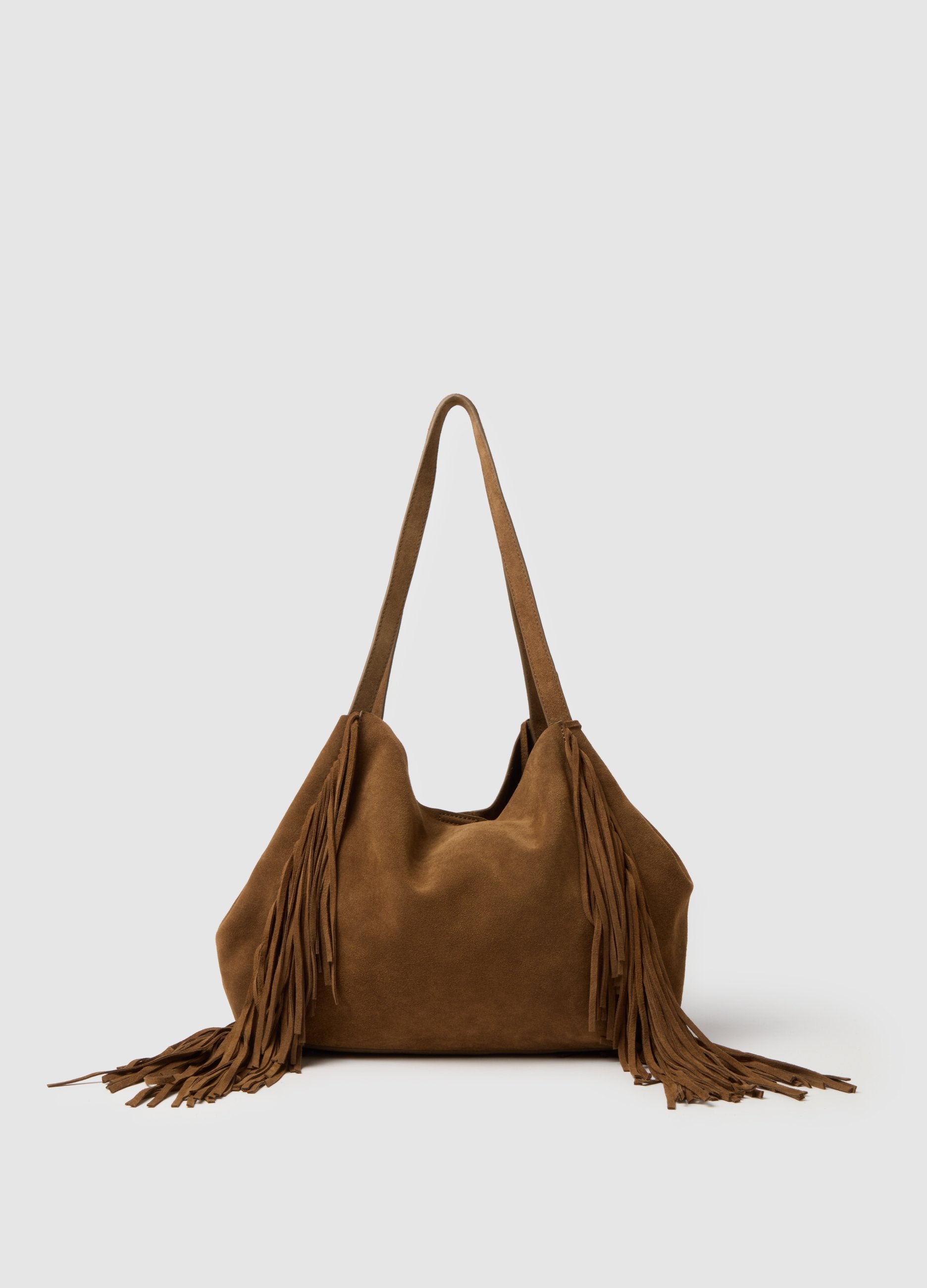 Borsa Shopper In Vera Pelle Marrone Con Frange