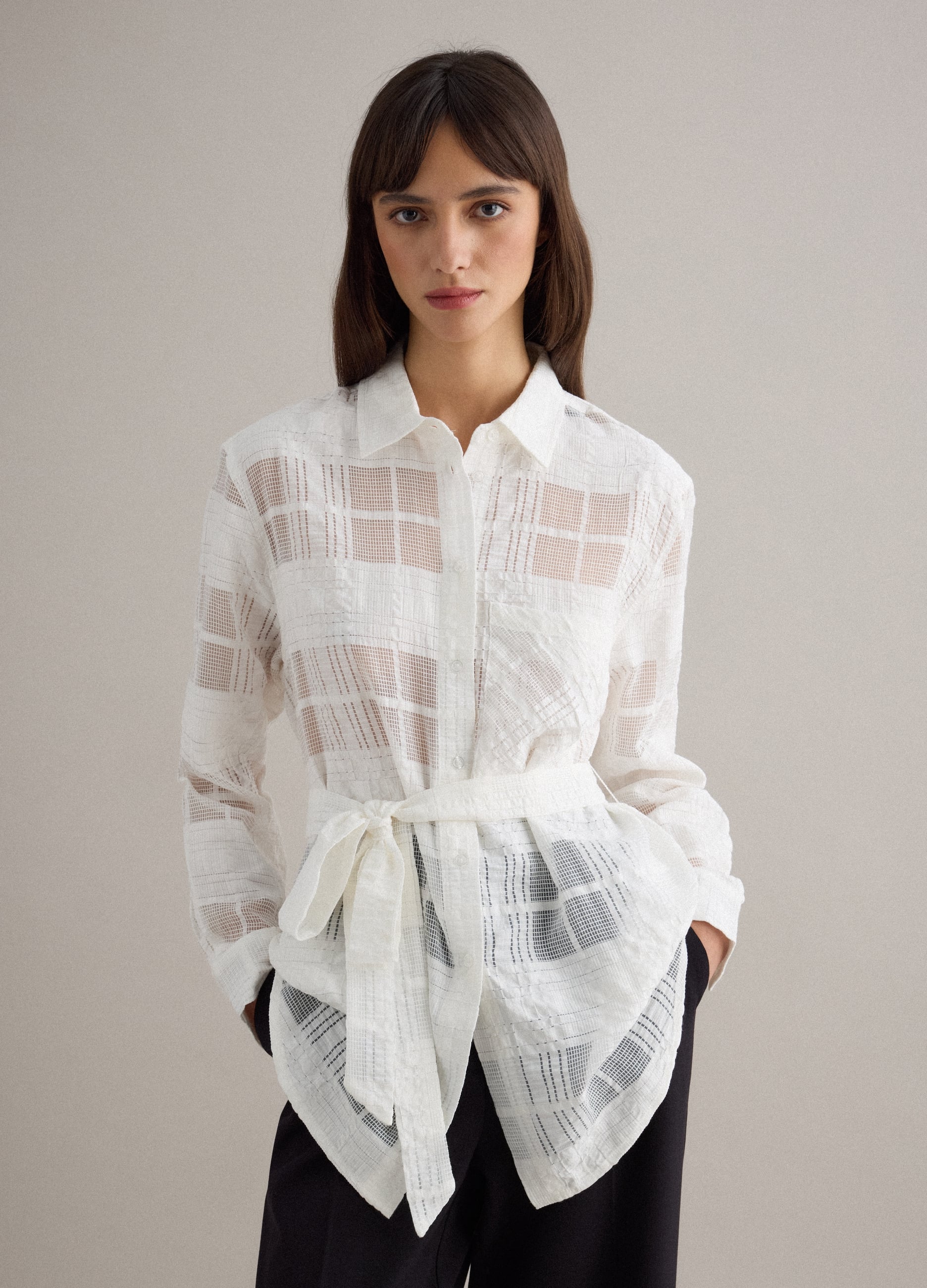 Camicia In Misto Viscosa Bianca Oversize Fit A Quadri Semi-trasparente