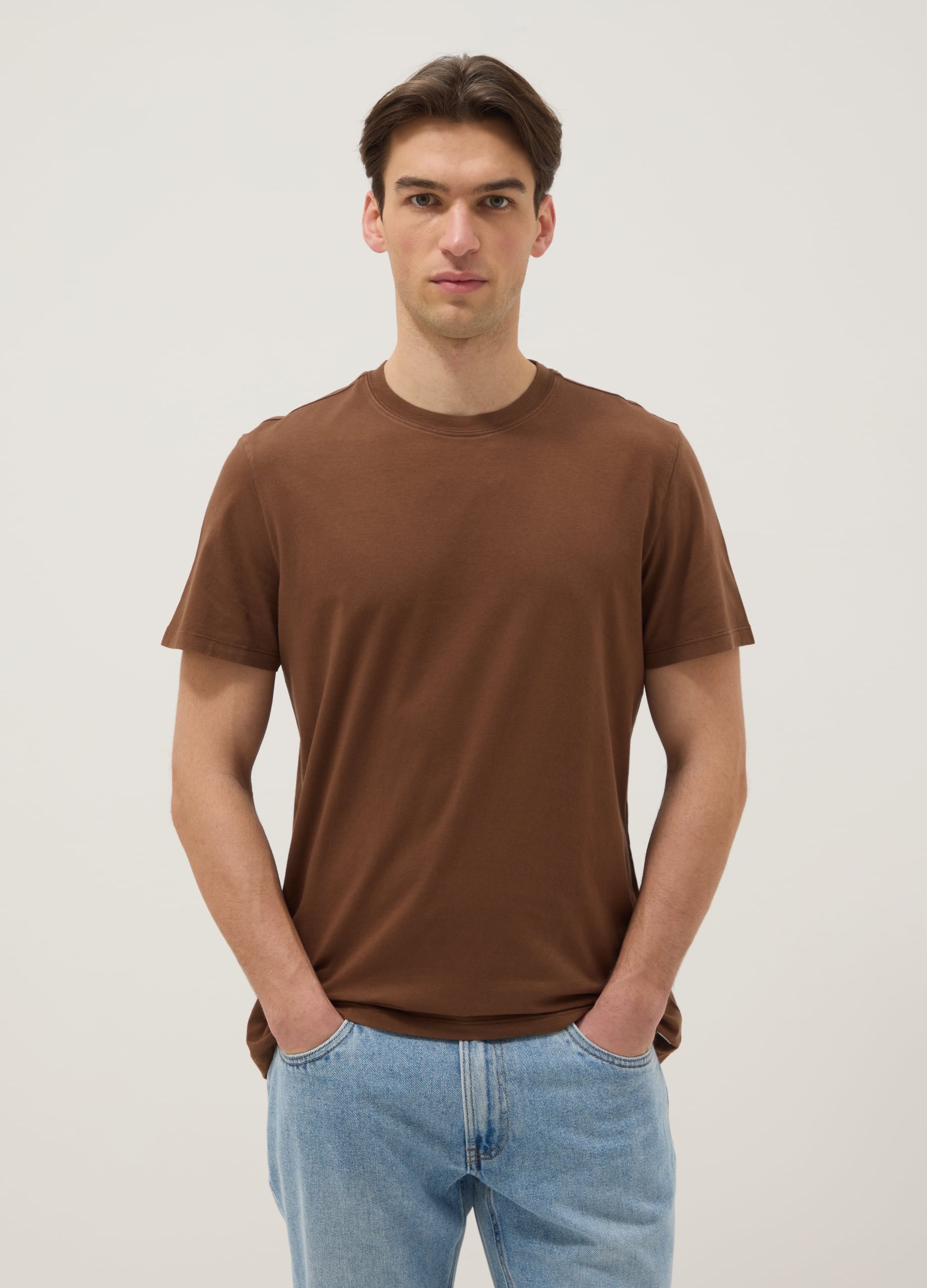T-shirt Marrone In Puro Cotone Italiano