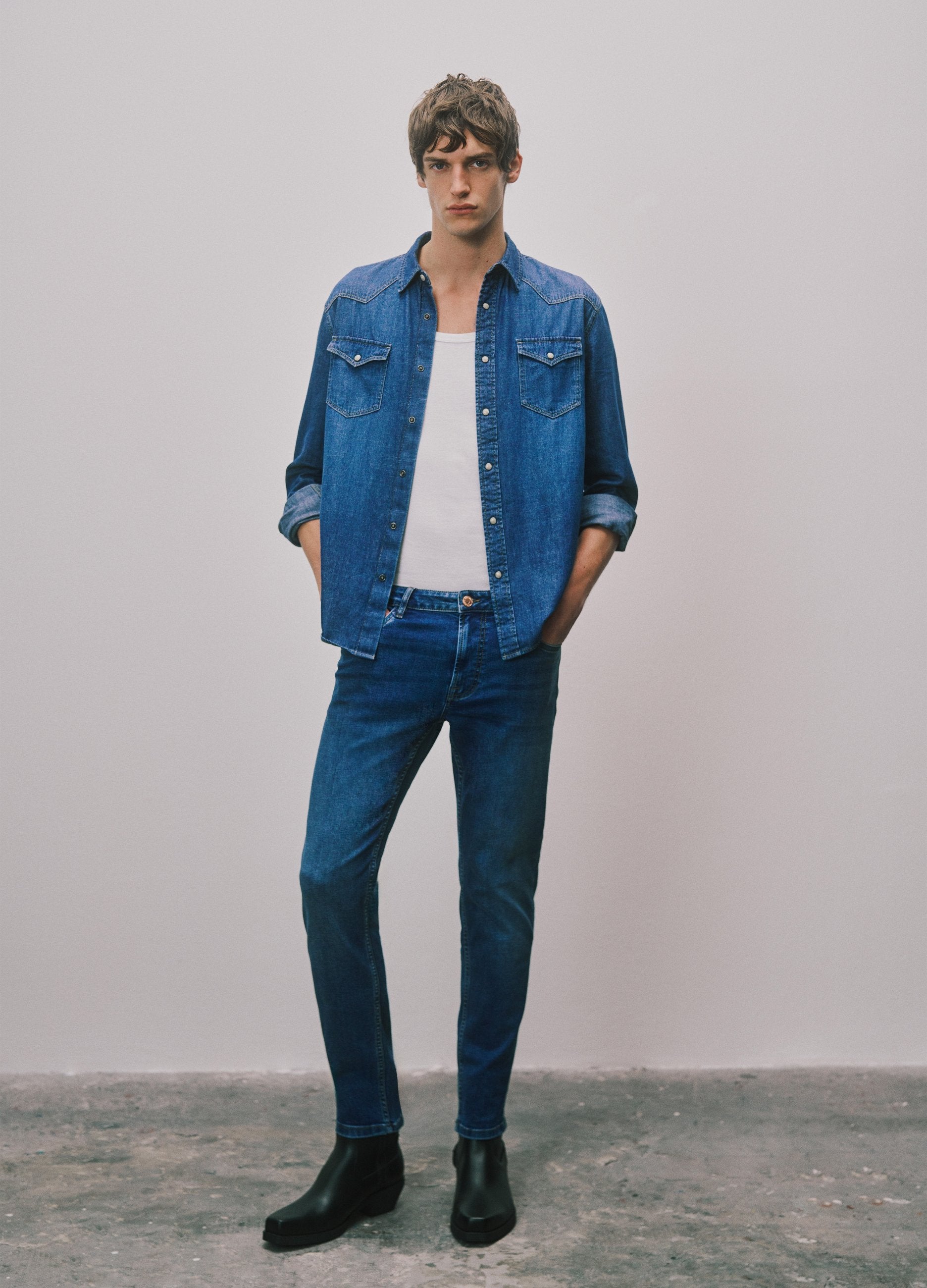 Camicia In Puro Cotone Denim Blu Regular Fit Con Tasche