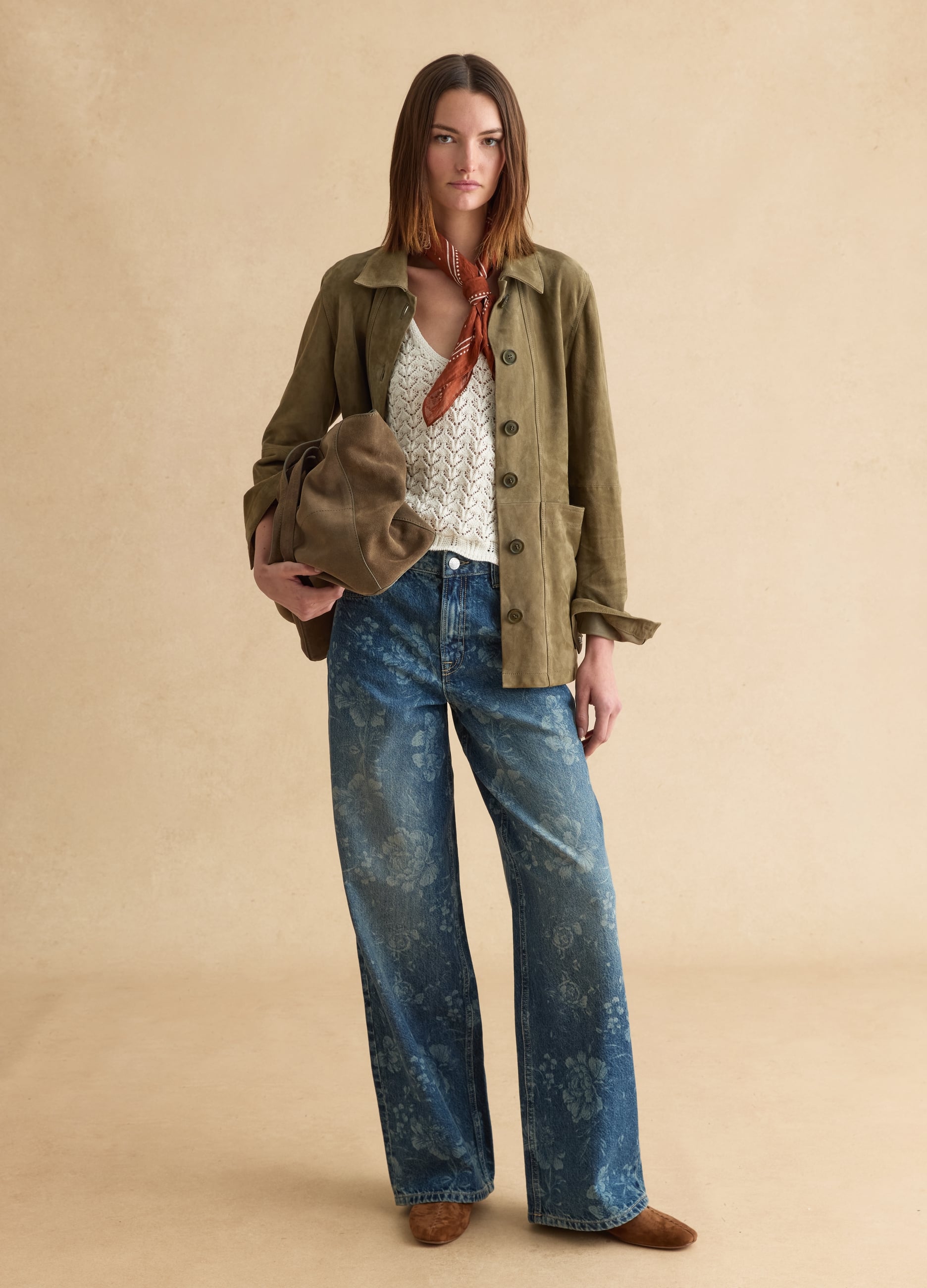 Jeans In Puro Cotone Denim Blu Wide Leg Con Design Floreale
