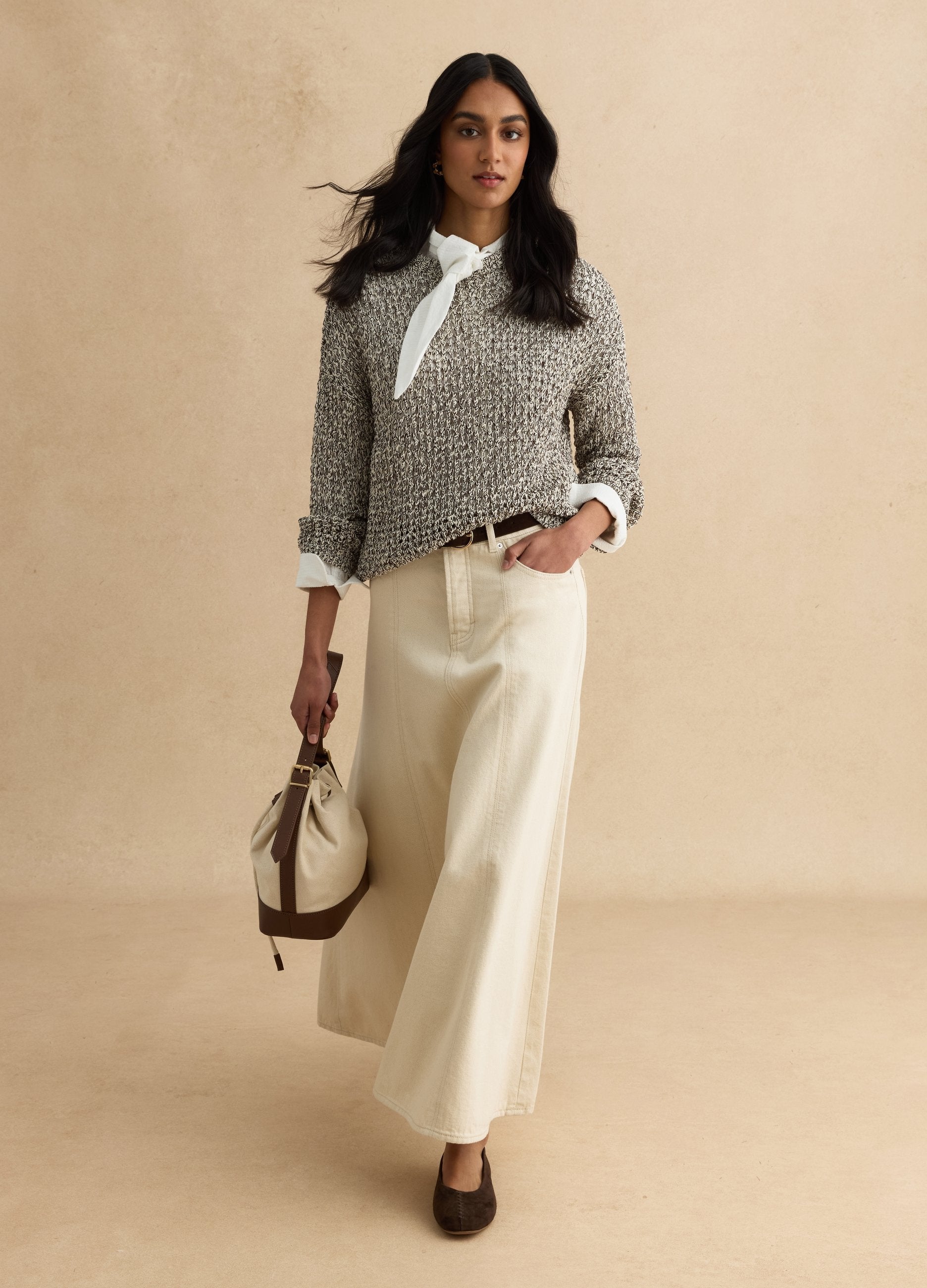 Gonna Lunga In Puro Cotone Denim Beige Regular Fit