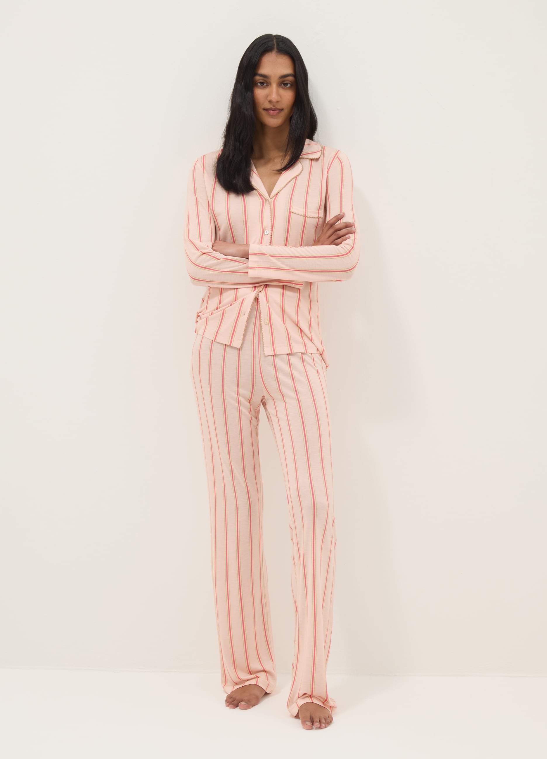 Pigiama In Pura Viscosa Rosa A Righe Regular Fit Con Collo A V