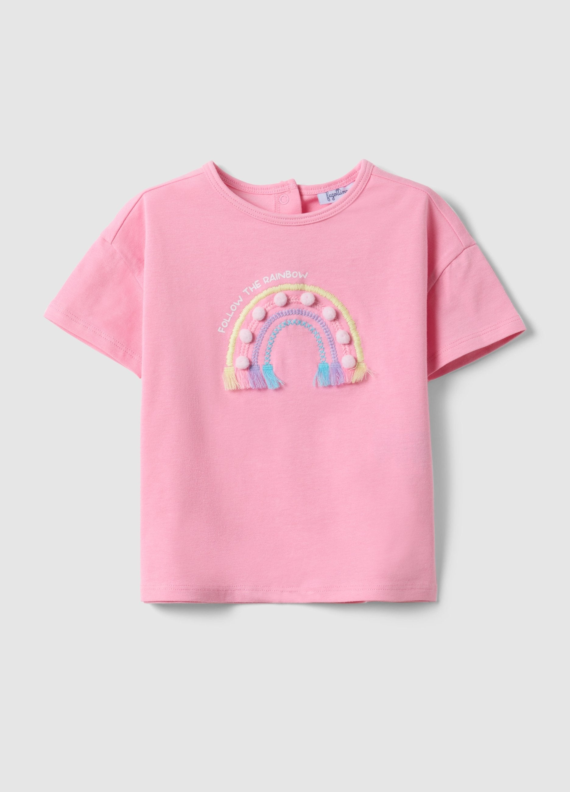 T-shirt In Cotone Elasticizzato Rosa Da Bimba Con Ricamo Arcobaleno