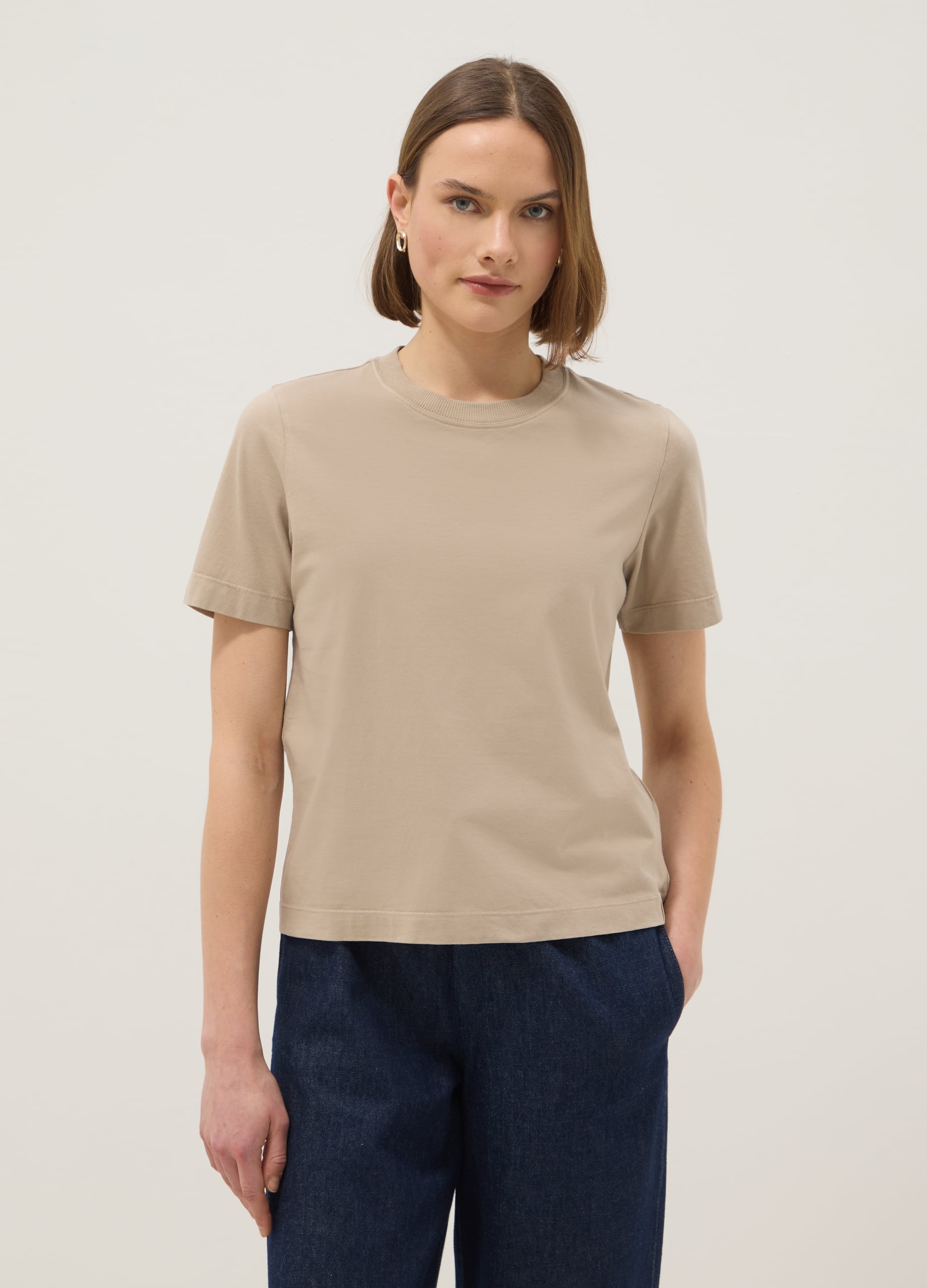 T-shirt Beige Girocollo In Puro Cotone Italiano Regular Fit