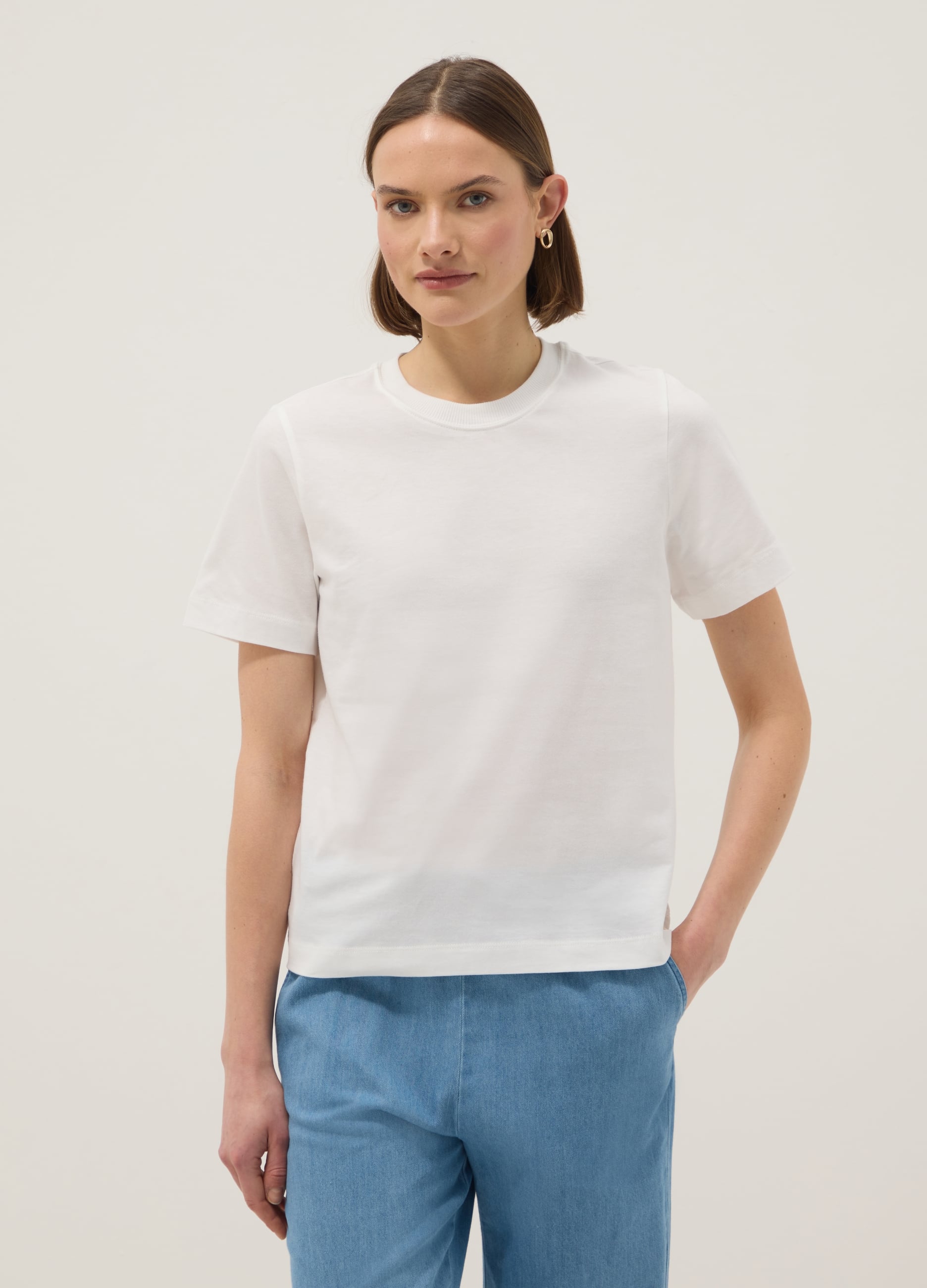 T-shirt Bianca Girocollo In Puro Cotone Italiano Regular Fit