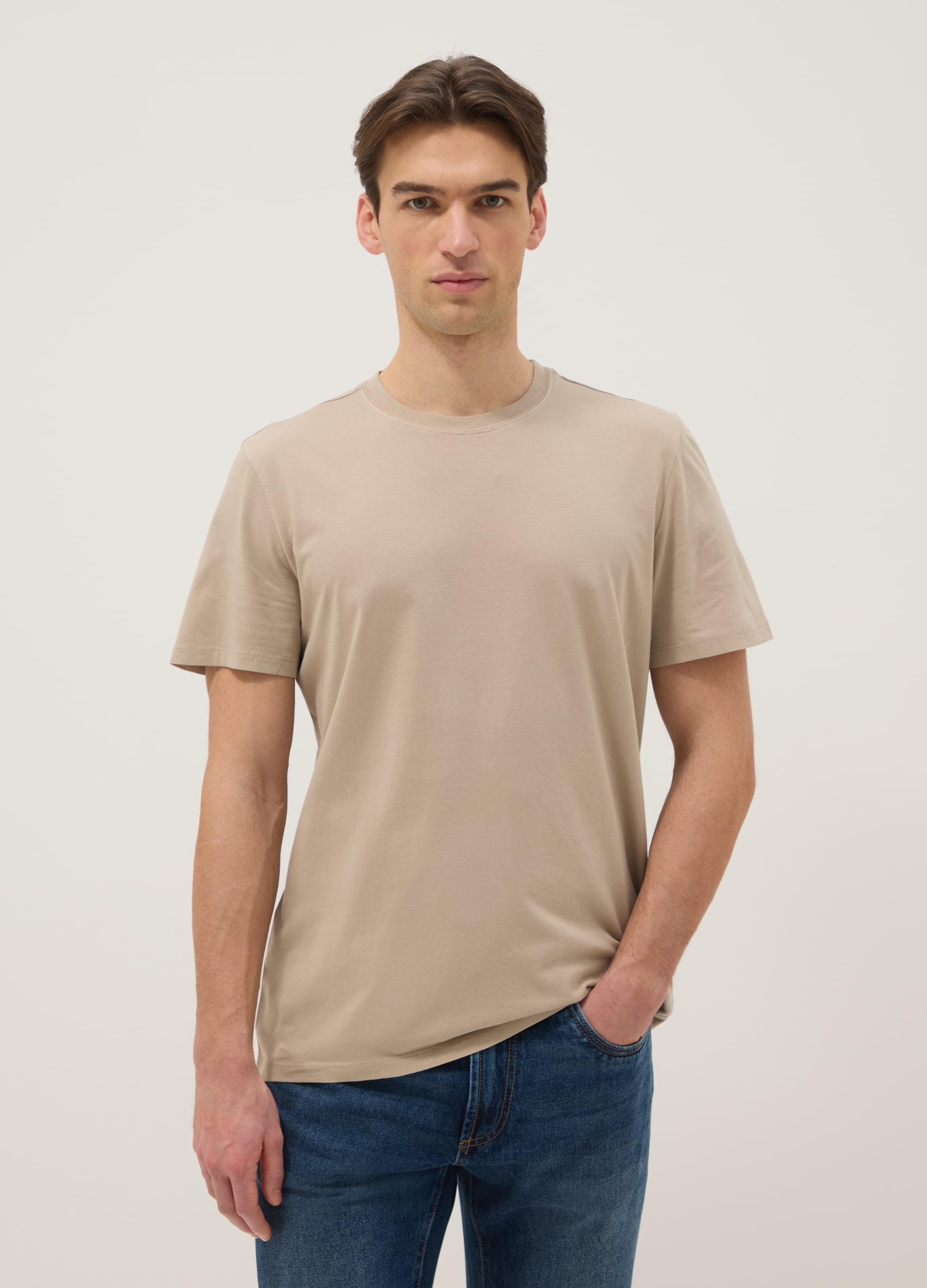 T-shirt Beige A Maniche Corte In Puro Cotone Italiano