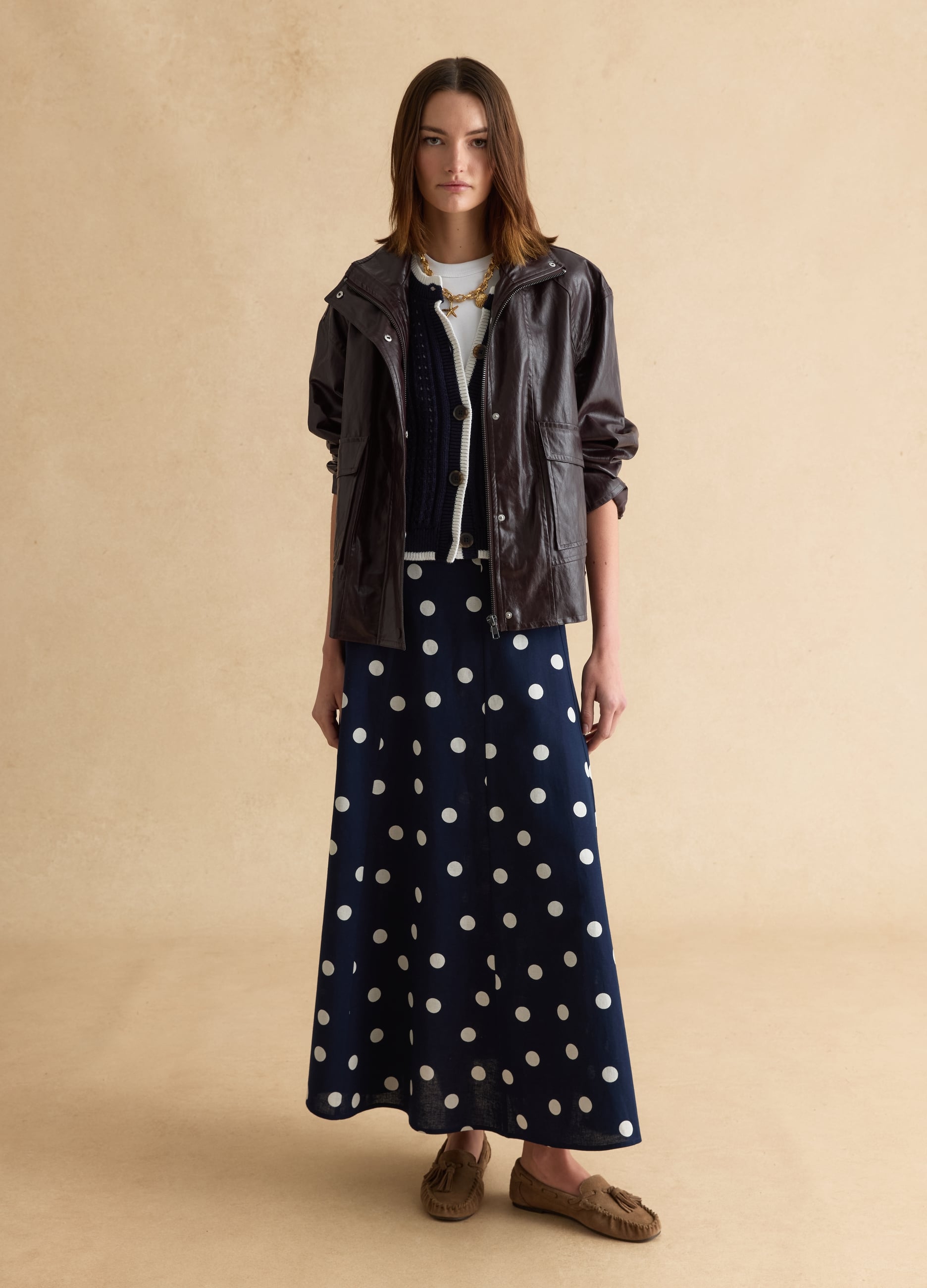 Gonna Lunga Blu A Pois Bianchi In Misto Cotone E Lino