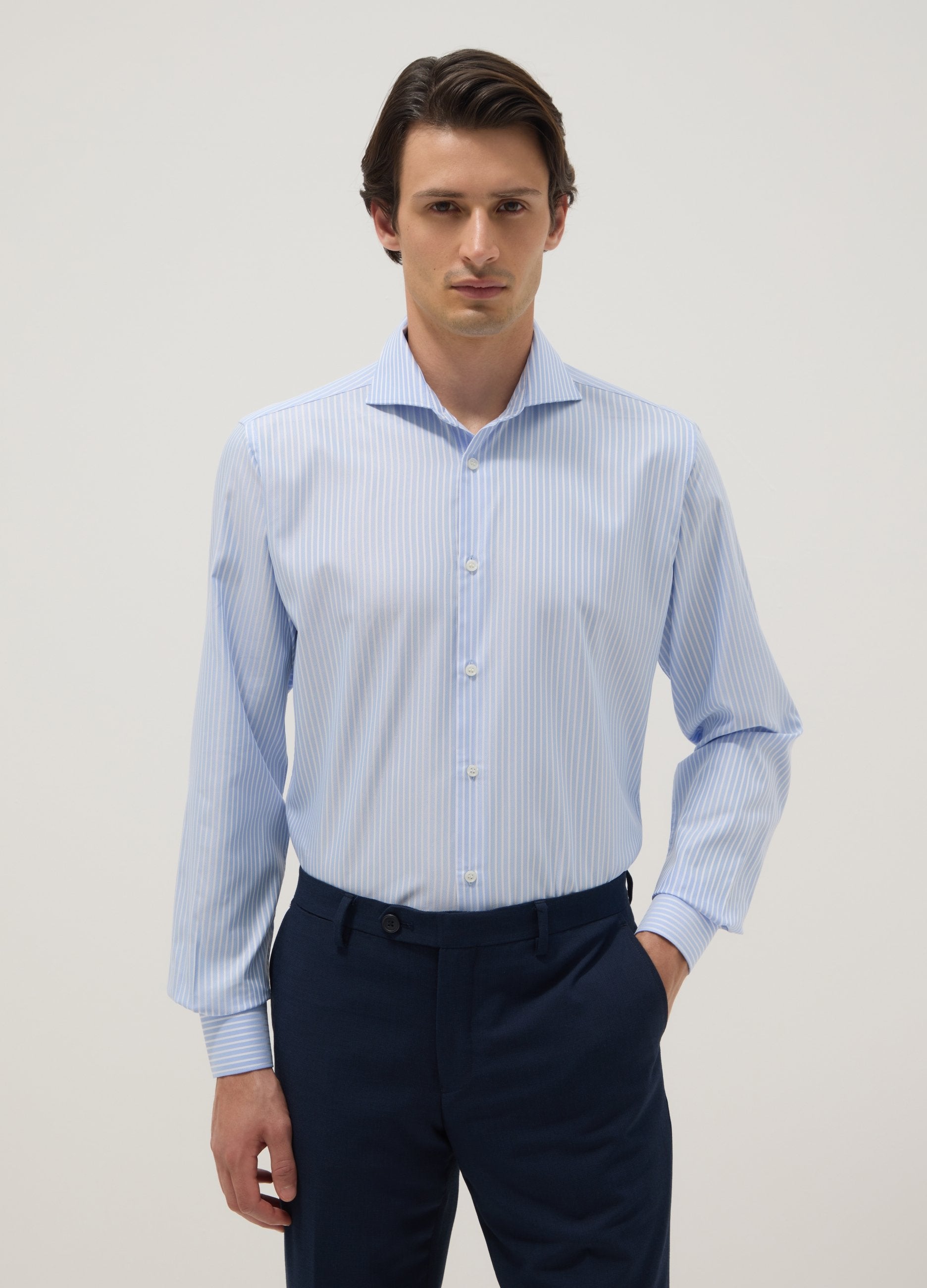 Camicia A Righe Multicolor Slim Fit Con Collo Alla Francese